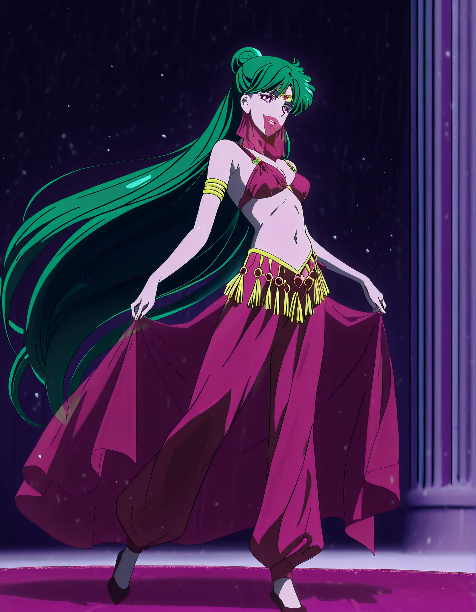 (1girl:1 . 5) , (Seul:1 . 5) , score_9 , score_8_haut , score_7_haut , source_anime , Official work , ultra-detailed , masterpiece , best quality , high resolution , beaux yeux , detailed eyes , Detailed face , beautiful detailed eyes,1girl,very long hair, green hair, single hair bun, purple eyes,Bishoujo Senshi Sailor Moon,Setsuna Meiou,Arabian Clothes , Arabian Dancer Outfit ,belly dancer costume,belly dancer outfit ,full body,golden jewelery,mouth veil,armlet, belly dancing,arabian theater,seductive smile, dancing with veil, dynamic movement,dance posture, seductive pose