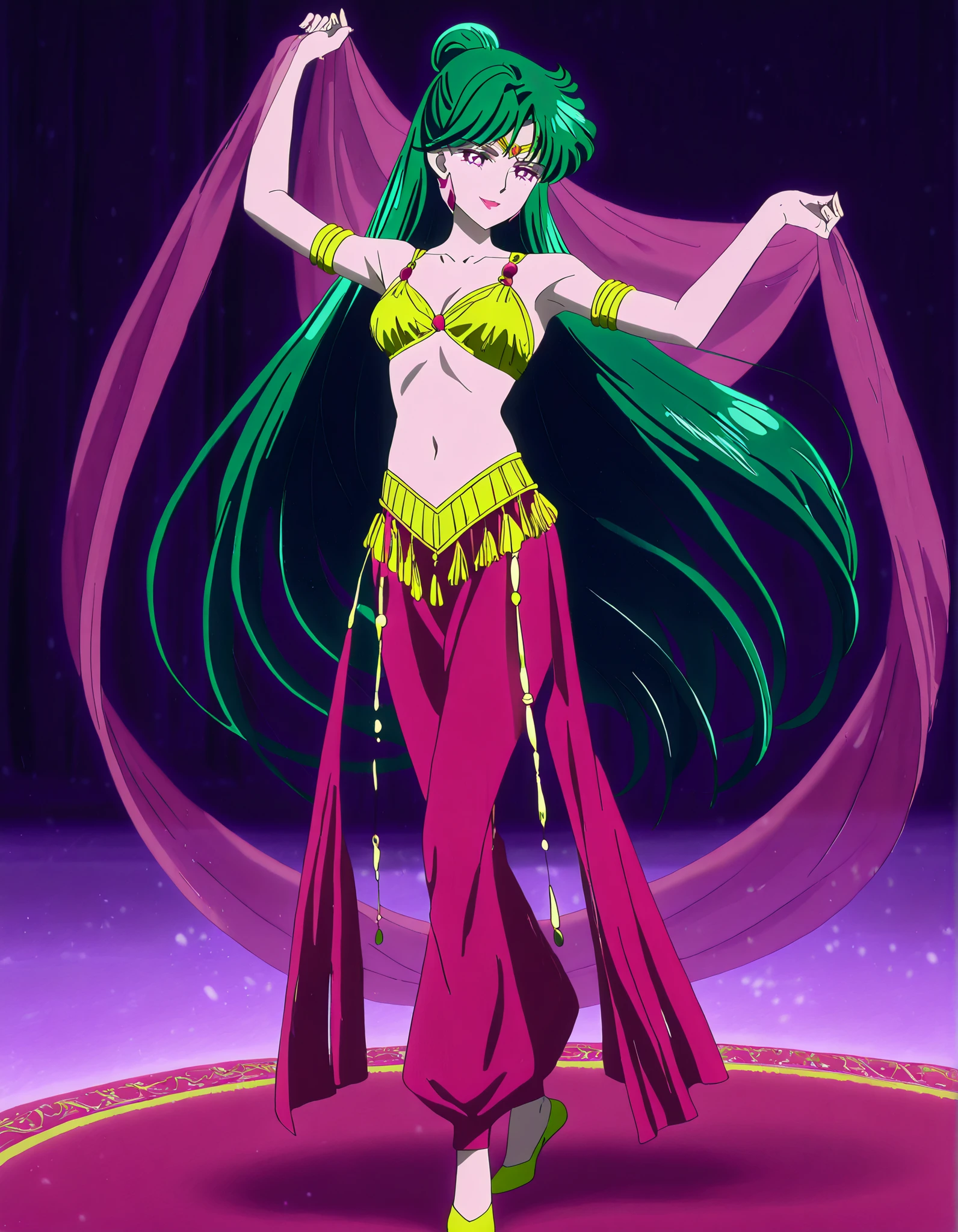 (1girl:1 . 5) , (Seul:1 . 5) , score_9 , score_8_haut , score_7_haut , source_anime , Official work , ultra-detailed , masterpiece , best quality , high resolution , beaux yeux , detailed eyes , Detailed face , beautiful detailed eyes,1girl,very long hair, green hair, single hair bun, purple eyes,Bishoujo Senshi Sailor Moon,Setsuna Meiou,Arabian Clothes , Arabian Dancer Outfit ,belly dancer costume,belly dancer outfit ,full body,golden jewelery,armlet, belly dancing,arabian theater,seductive smile, dancing with veil, dynamic movement,dance posture, pose