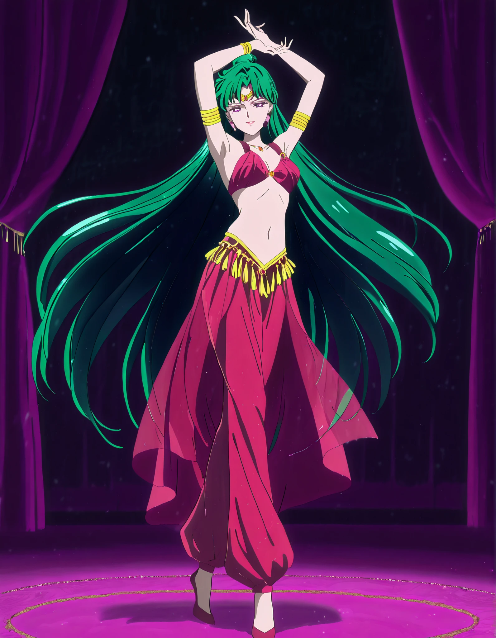 (1girl:1 . 5) , (Seul:1 . 5) , score_9 , score_8_haut , score_7_haut , source_anime , Official work  , ultra-detailed , masterpiece , best quality , high resolution , beaux yeux , detailed eyes , Detailed face , beautiful detailed eyes,1girl,very long hair, green hair, single hair bun, purple eyes,Bishoujo Senshi Sailor Moon,Setsuna Meiou,Arabian Clothes , Arabian Dancer Outfit ,belly dancer costume,belly dancer outfit ,full body,golden jewelery,armlet, belly dancing,arabian theater,seductive smile, dancing with veil, dynamic movement,dance posture, seductive pose