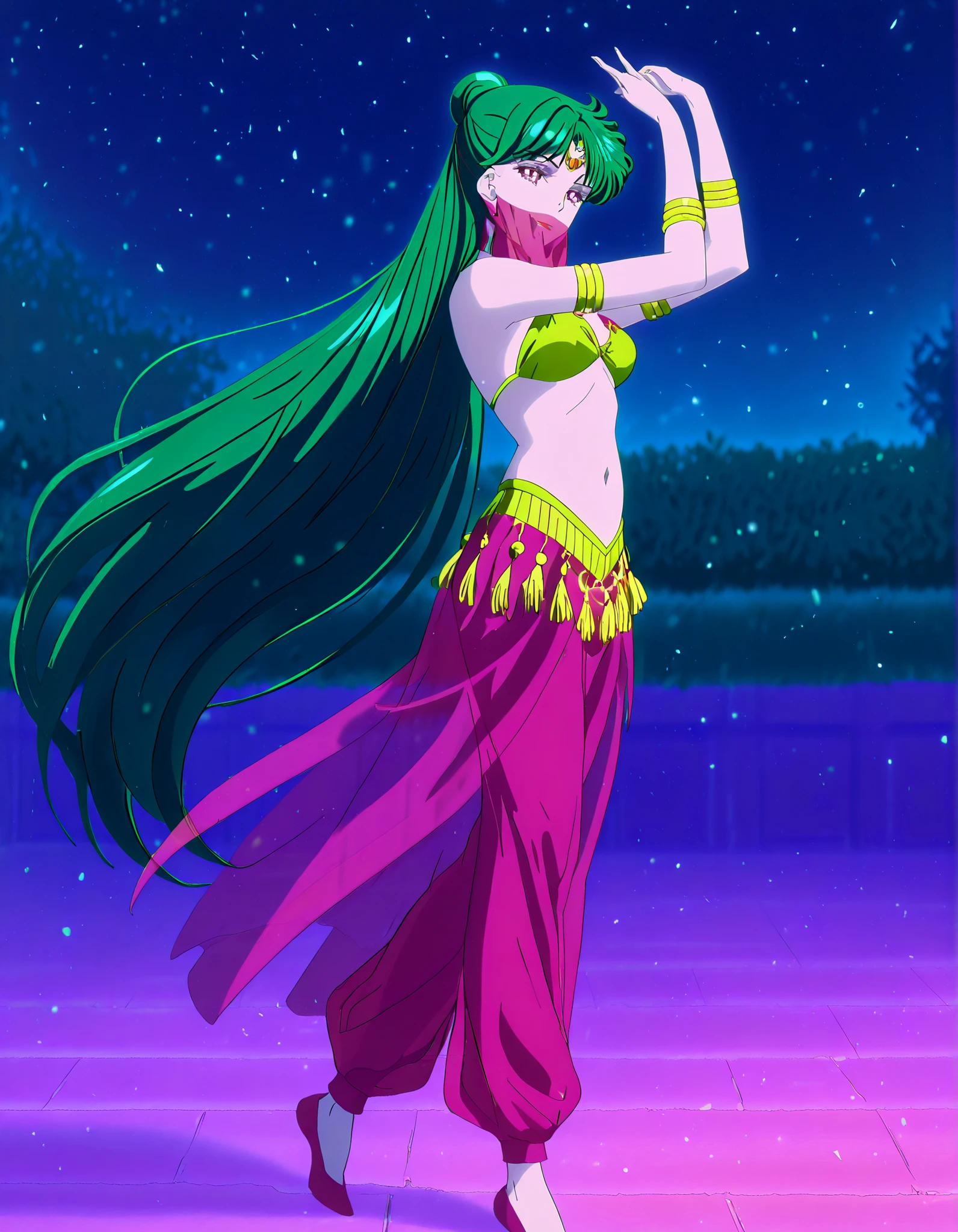 (1girl:1 . 5) , (Seul:1 . 5) , score_9 , score_8_haut , score_7_haut , source_anime , Official work , ultra-detailed , masterpiece , best quality , high resolution , beaux yeux , detailed eyes , Detailed face , beautiful detailed eyes,1girl,very long hair, green hair, single hair bun, purple eyes,Bishoujo Senshi Sailor Moon,Setsuna Meiou,Arabian Clothes , Arabian Dancer Outfit ,belly dancer costume,belly dancer outfit ,full body,golden jewelery,mouth veil,armlet, belly dancing,night,arabian garden,seductive smile, dancing with veil, dynamic movement,dance posture, pose