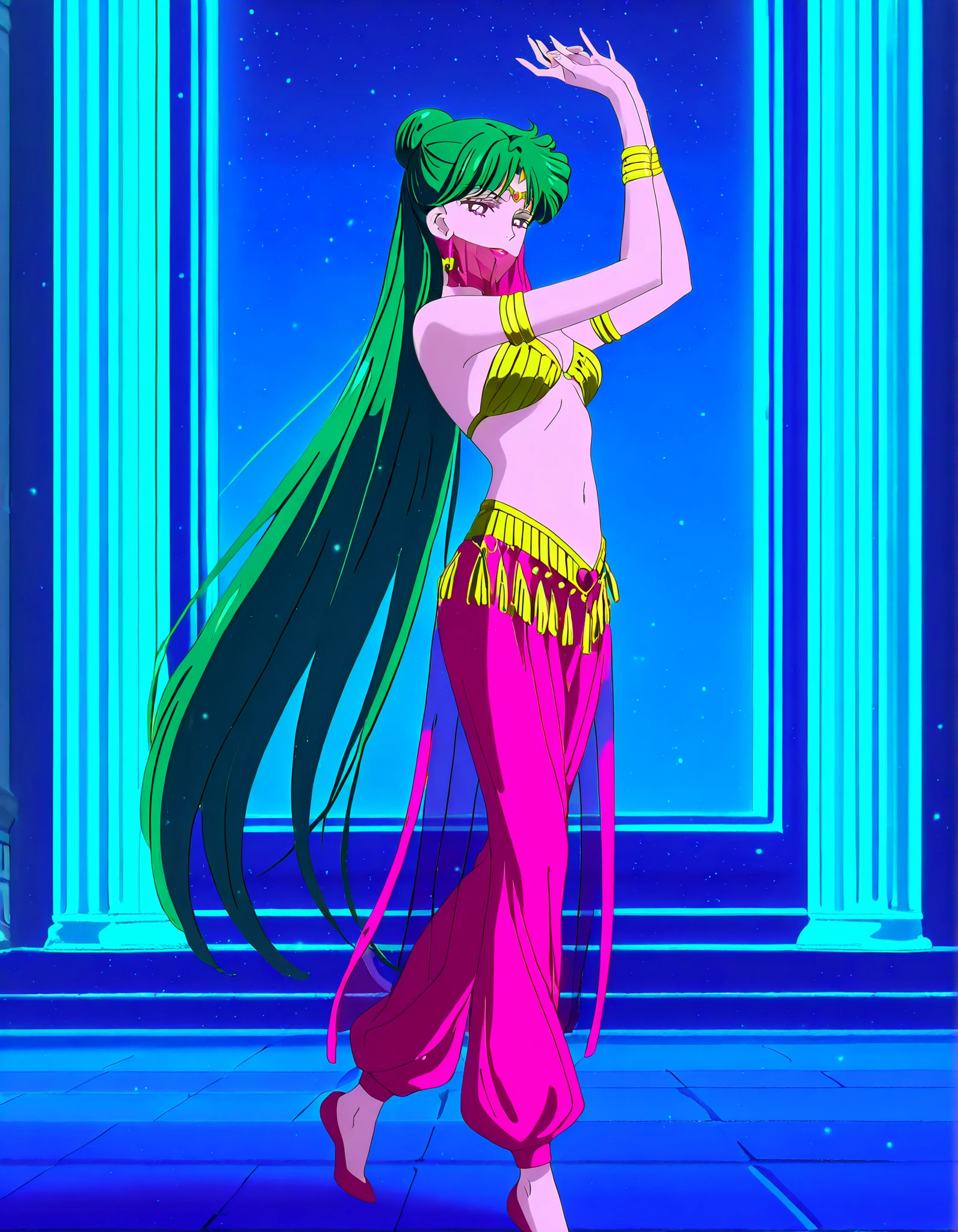 (1girl:1 . 5) , (Seul:1 . 5) , score_9 , score_8_haut , score_7_haut , source_anime , Official work , ultra-detailed , masterpiece , best quality , high resolution , beaux yeux , detailed eyes , Detailed face , beautiful detailed eyes,1girl,very long hair, green hair, single hair bun, purple eyes,Bishoujo Senshi Sailor Moon,Setsuna Meiou,Arabian Clothes , Arabian Dancer Outfit ,belly dancer costume,belly dancer outfit ,full body,golden jewelery,mouth veil,armlet, belly dancing,night,arabian garden,seductive smile, dancing with veil, dynamic movement,dance posture, pose