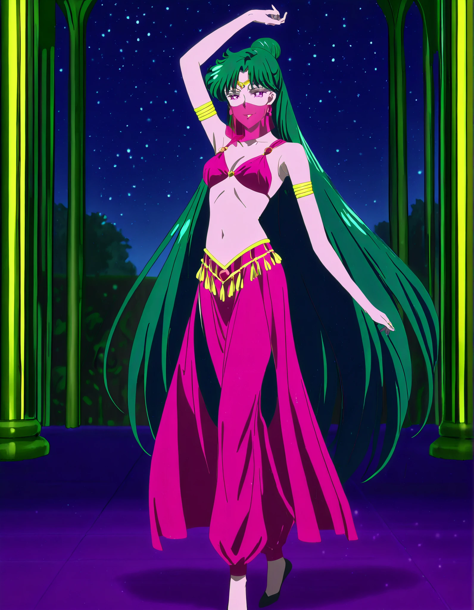 (1girl:1 . 5) , (Seul:1 . 5) , score_9 , score_8_haut , score_7_haut , source_anime , Official work , ultra-detailed , masterpiece , best quality , high resolution , beaux yeux , detailed eyes , Detailed face , beautiful detailed eyes,1girl,very long hair, green hair, single hair bun, purple eyes,Bishoujo Senshi Sailor Moon,Setsuna Meiou,Arabian Clothes , Arabian Dancer Outfit ,belly dancer costume,belly dancer outfit ,full body,golden jewelery,mouth veil,armlet, belly dancing,night,arabian garden,seductive smile, dancing with veil, dynamic movement,dance posture, pose