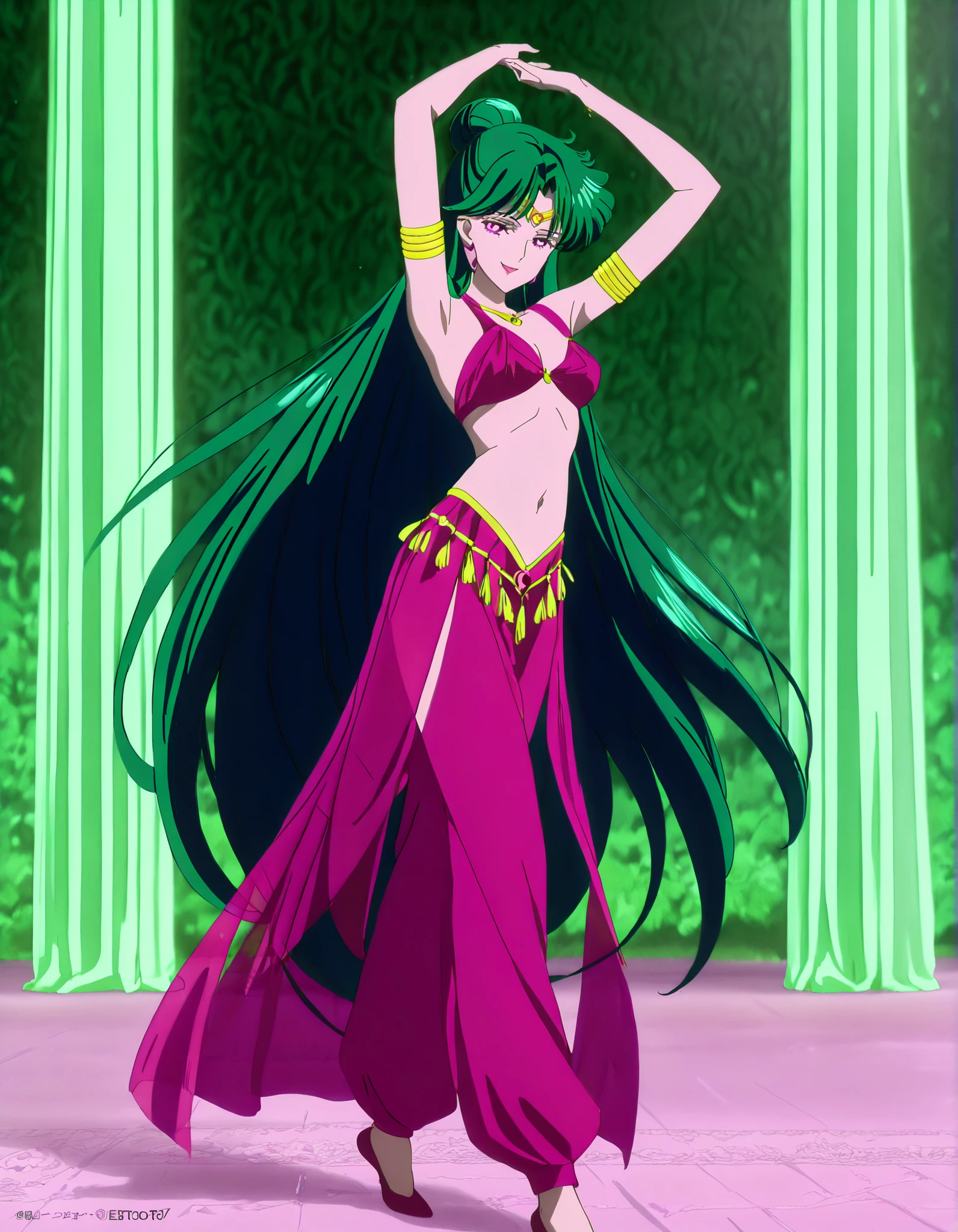 (1girl:1 . 5) , (Seul:1 . 5) , score_9 , score_8_haut , score_7_haut , source_anime , Official work  , ultra-detailed , masterpiece , best quality , high resolution , beaux yeux , detailed eyes , Detailed face , beautiful detailed eyes,1girl,very long hair, green hair, single hair bun, purple eyes,Bishoujo Senshi Sailor Moon,Setsuna Meiou,Arabian Clothes , Arabian Dancer Outfit ,belly dancer costume,belly dancer outfit ,full body,golden jewelery,armlet, belly dancing,arabian garden,seductive smile, dancing with veil, dynamic movement,dance posture,  pose