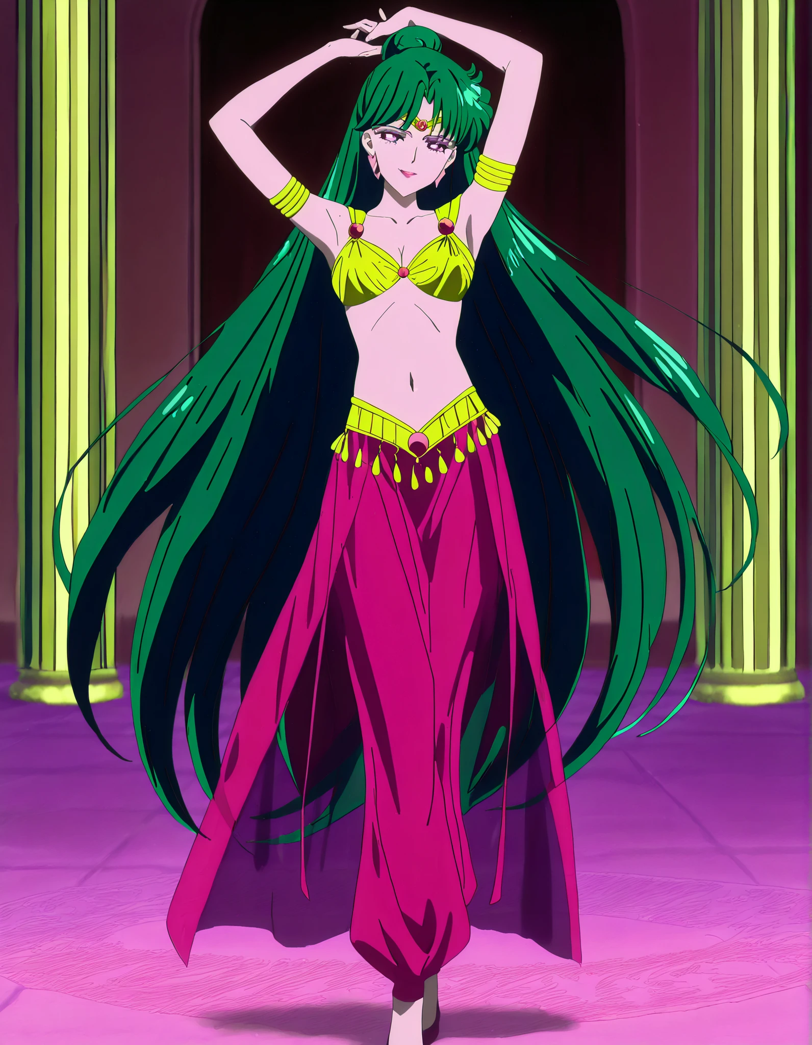 (1girl:1 . 5) , (Seul:1 . 5) , score_9 , score_8_haut , score_7_haut , source_anime , Official work , ultra-detailed , masterpiece , best quality , high resolution , beaux yeux , detailed eyes , Detailed face , beautiful detailed eyes,1girl,very long hair, green hair, single hair bun, purple eyes,Bishoujo Senshi Sailor Moon,Setsuna Meiou,Arabian Clothes , Arabian Dancer Outfit ,belly dancer costume,belly dancer outfit ,full body,golden jewelery,armlet, belly dancing,arabian garden,seductive smile, dancing with veil, dynamic movement,dance posture, pose