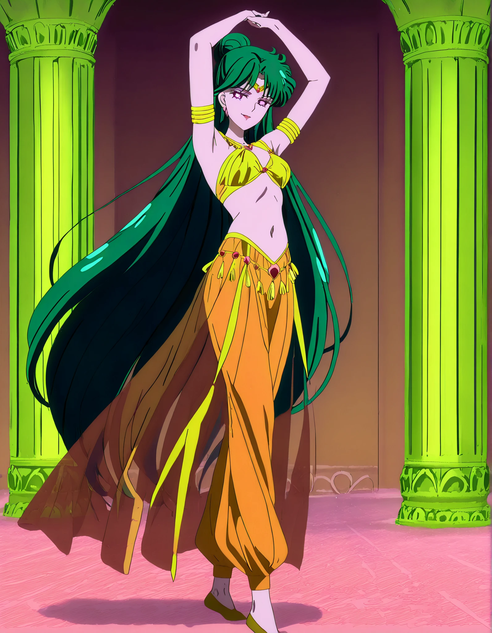 (1girl:1 . 5) , (Seul:1 . 5) , score_9 , score_8_haut , score_7_haut , source_anime , Official work , ultra-detailed , masterpiece , best quality , high resolution , beaux yeux , detailed eyes , Detailed face , beautiful detailed eyes,1girl,very long hair, green hair, single hair bun, purple eyes,Bishoujo Senshi Sailor Moon,Setsuna Meiou,Arabian Clothes , Arabian Dancer Outfit ,belly dancer costume,belly dancer outfit ,full body,golden jewelery,armlet, belly dancing,arabian garden,seductive smile, dancing with veil, dynamic movement,dance posture, pose