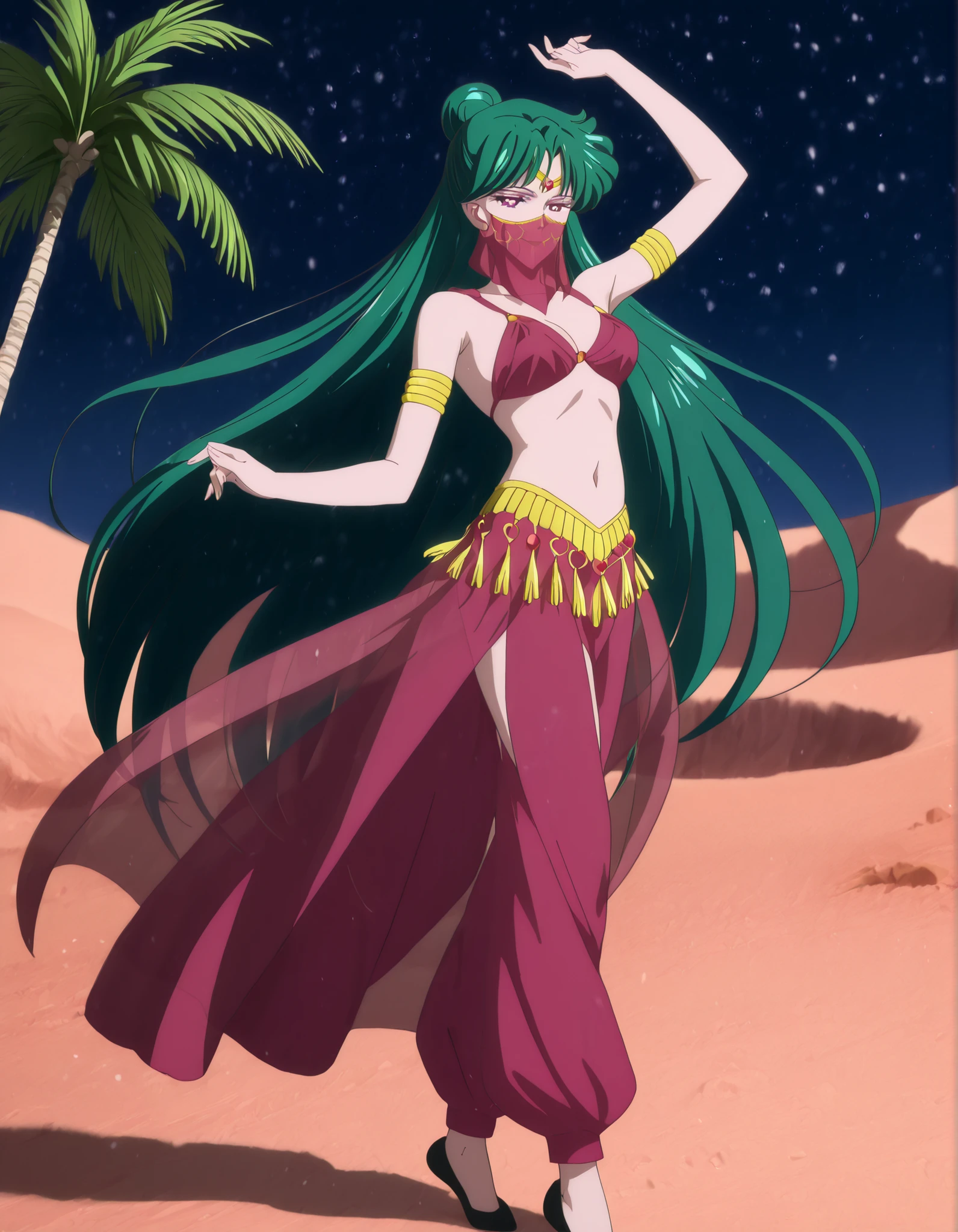 (1girl:1 . 5) , (Seul:1 . 5) , score_9 , score_8_haut , score_7_haut , source_anime , Official work , ultra-detailed , masterpiece , best quality , high resolution , beaux yeux , detailed eyes , Detailed face , beautiful detailed eyes,1girl,very long hair, green hair, single hair bun, purple eyes,Bishoujo Senshi Sailor Moon,Setsuna Meiou,Arabian Clothes , Arabian Dancer Outfit ,belly dancer costume,belly dancer outfit ,full body,golden jewelery,mouth veil,armlet, belly dancing,night,desert lands,palm tree,seductive smile, dancing with veil, dynamic movement,dance posture, seductive pose