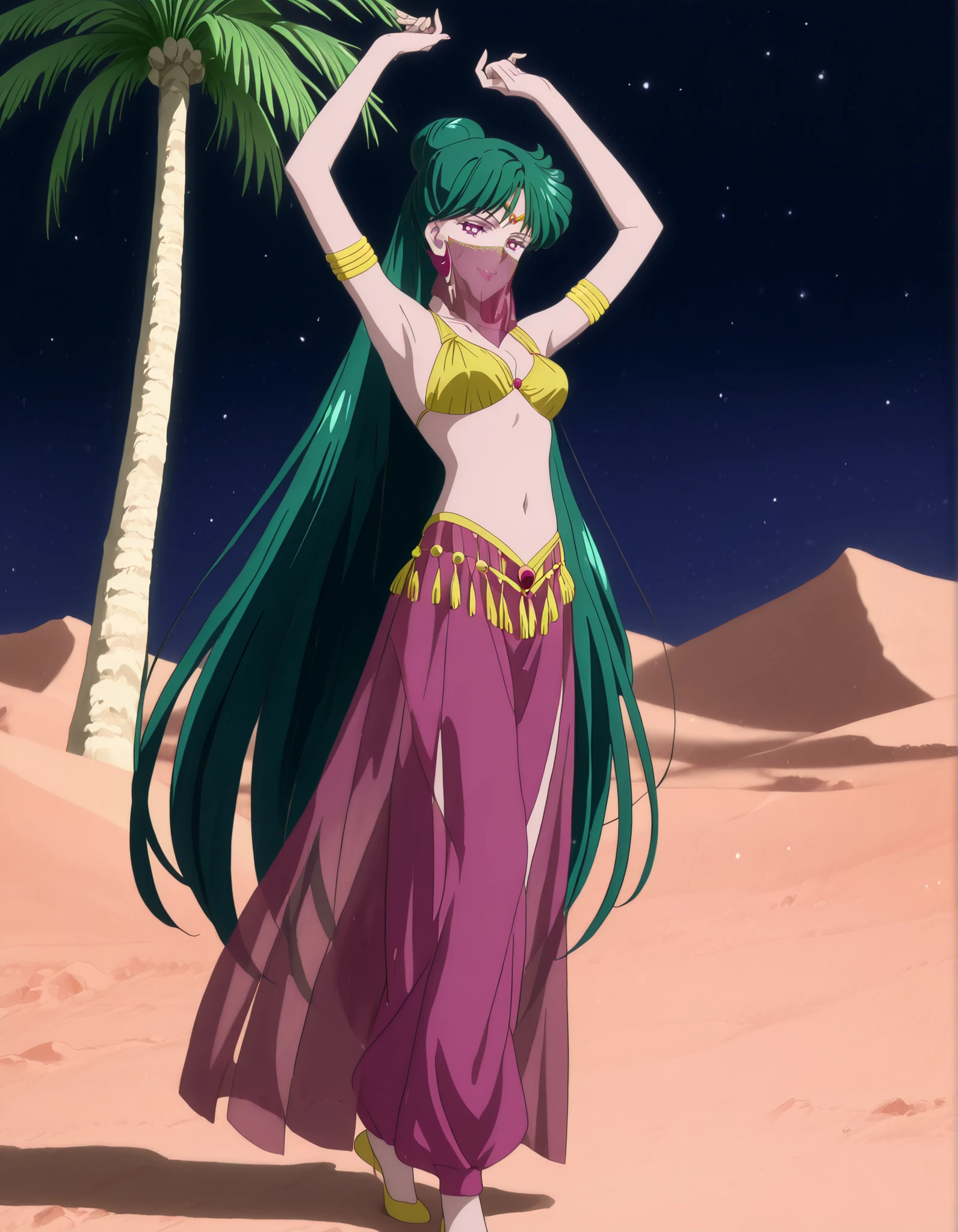 (1girl:1 . 5) , (Seul:1 . 5) , score_9 , score_8_haut , score_7_haut , source_anime , Official work , ultra-detailed , masterpiece , best quality , high resolution , beaux yeux , detailed eyes , Detailed face , beautiful detailed eyes,1girl,very long hair, green hair, single hair bun, purple eyes,Bishoujo Senshi Sailor Moon,Setsuna Meiou,Arabian Clothes , Arabian Dancer Outfit ,belly dancer costume,belly dancer outfit ,full body,golden jewelery,mouth veil,armlet, belly dancing,night,desert lands,palm tree,seductive smile, dancing with veil, dynamic movement,dance posture, seductive pose