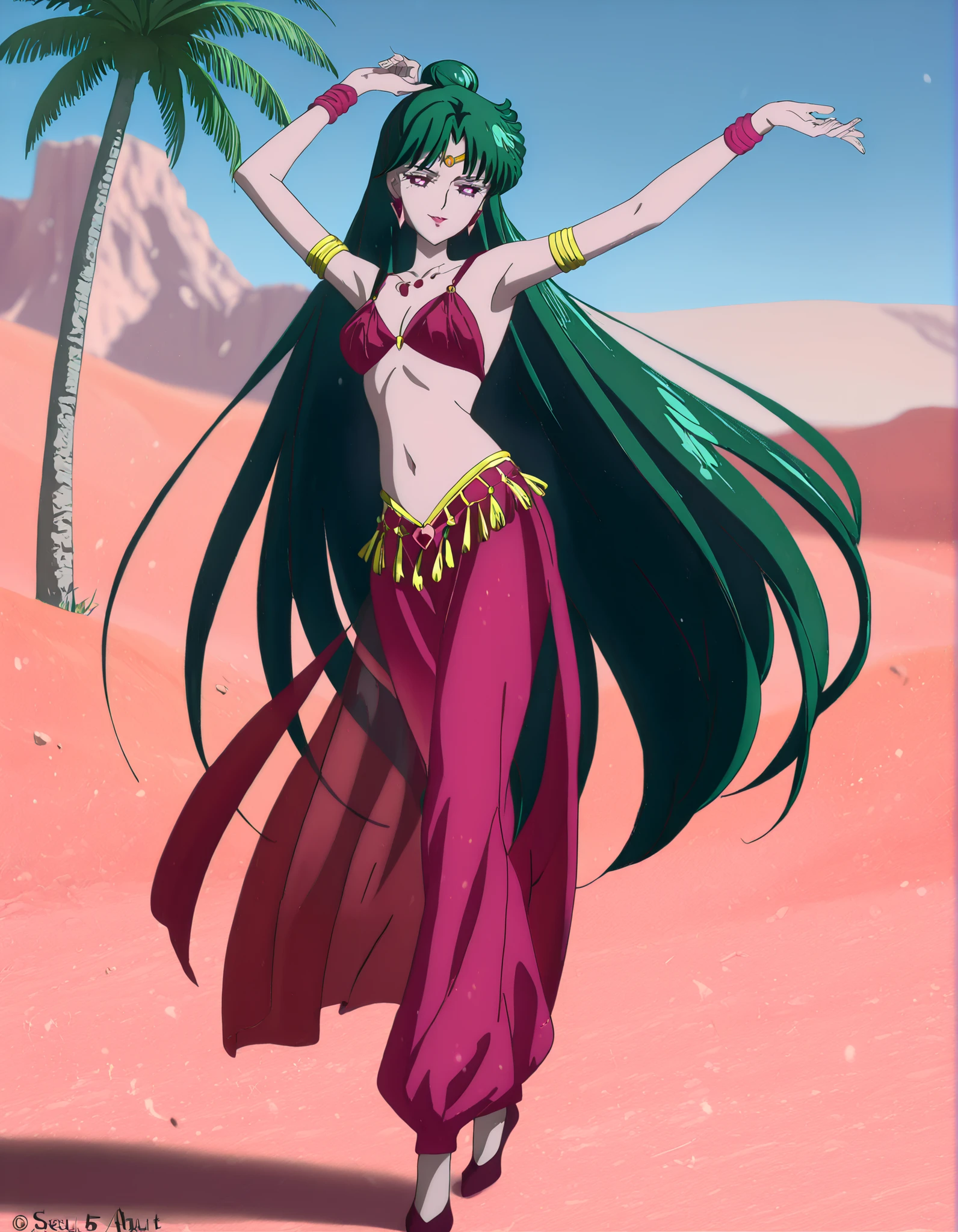 (1girl:1 . 5) , (Seul:1 . 5) , score_9 , score_8_haut , score_7_haut , source_anime , Official work , ultra-detailed , masterpiece , best quality , high resolution , beaux yeux , detailed eyes , Detailed face , beautiful detailed eyes,1girl,very long hair, green hair, single hair bun, purple eyes,Bishoujo Senshi Sailor Moon,Setsuna Meiou,Arabian Clothes , Arabian Dancer Outfit ,belly dancer costume,belly dancer outfit ,full body,golden jewelery,armlet, belly dancing,desert lands,palm tree,seductive smile, dancing with veil, dynamic movement,dance posture, seductive pose