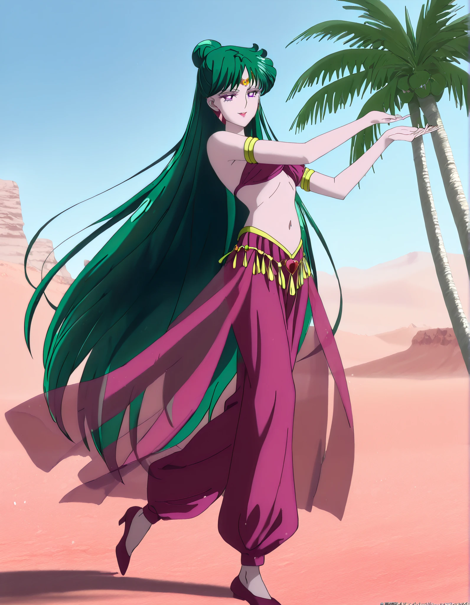 (1girl:1 . 5) , (Seul:1 . 5) , score_9 , score_8_haut , score_7_haut , source_anime , Official work  , ultra-detailed , masterpiece , best quality , high resolution , beaux yeux , detailed eyes , Detailed face , beautiful detailed eyes,1girl,very long hair, green hair, single hair bun, purple eyes,Bishoujo Senshi Sailor Moon,Setsuna Meiou,Arabian Clothes , Arabian Dancer Outfit ,belly dancer costume,belly dancer outfit ,full body,golden jewelery,armlet, belly dancing,desert lands,palm tree,seductive smile, dancing with veil, dynamic movement,dance posture, seductive pose