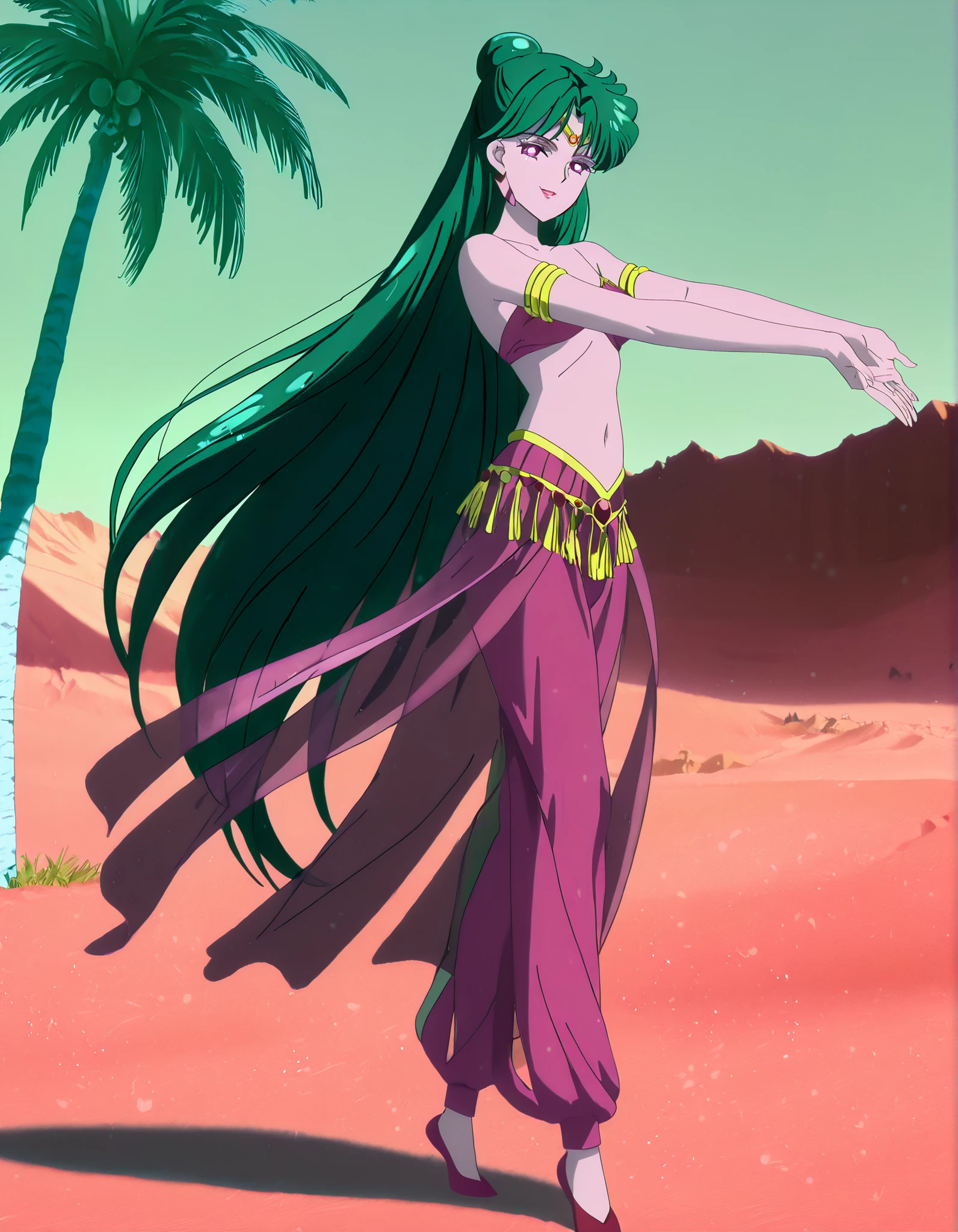 (1girl:1 . 5) , (Seul:1 . 5) , score_9 , score_8_haut , score_7_haut , source_anime , Official work , ultra-detailed , masterpiece , best quality , high resolution , beaux yeux , detailed eyes , Detailed face , beautiful detailed eyes,1girl,very long hair, green hair, single hair bun, purple eyes,Bishoujo Senshi Sailor Moon,Setsuna Meiou,Arabian Clothes , Arabian Dancer Outfit ,belly dancer costume,belly dancer outfit ,full body,golden jewelery,armlet, belly dancing,desert lands,palm tree,seductive smile, dancing with veil, dynamic movement,dance posture, seductive pose