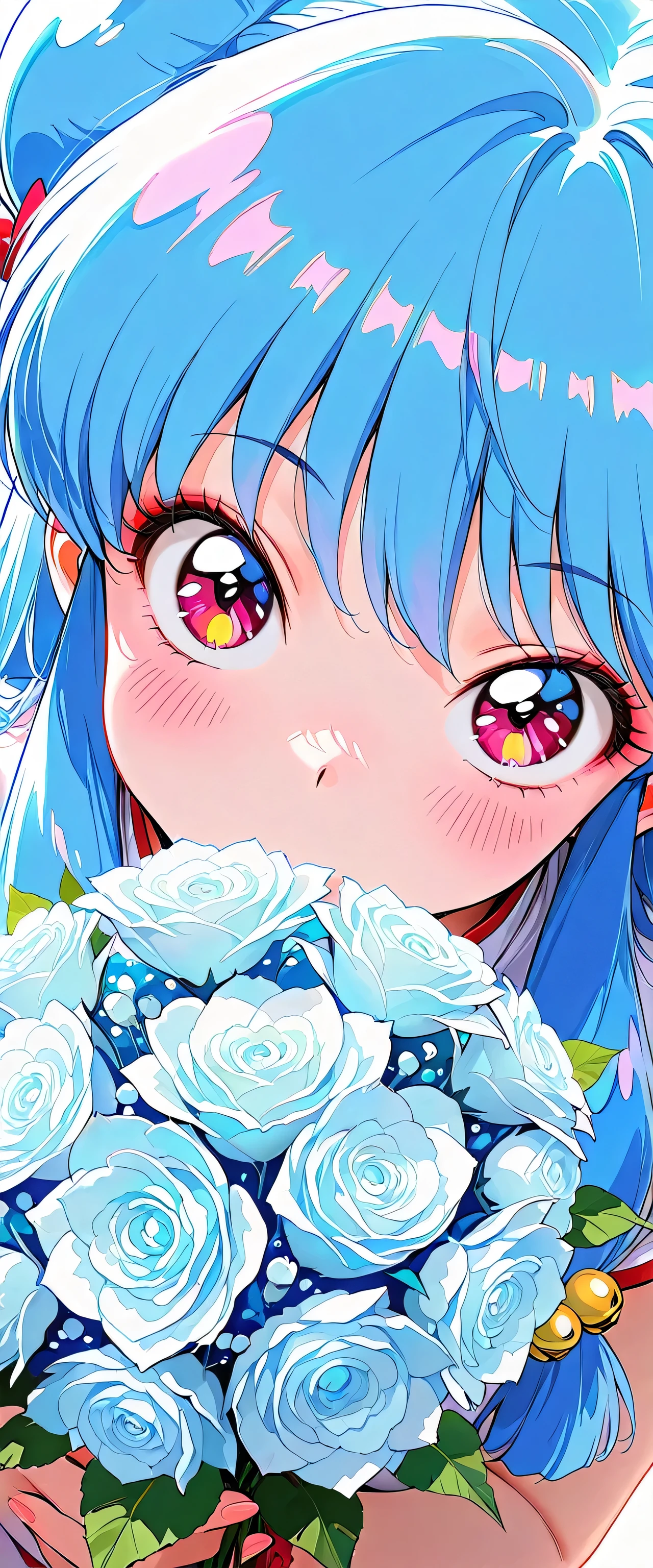 (close up:1.5),1girl,shampoo \(Ranma 1/2\),(beautiful girl:1.3),masterpiece,1girl,Ultra-high resolution,rich contrast,Very high quality,8k,Highly detailed CG unit wallpaper,Texture,RAW Photos,professional photograph,an extremely delicate and beautiful,Incredibly absurd,Depth of written boundary 1.2,Edinburgh's distinctive streets,(embarrassing),weak,(((blush))),(hair color is light blue:1.5),round eyes,big eyes,((holding a bouquet of flowers)),Moist eyes,Looking up,(((tilt your head))),no mouth,maorix