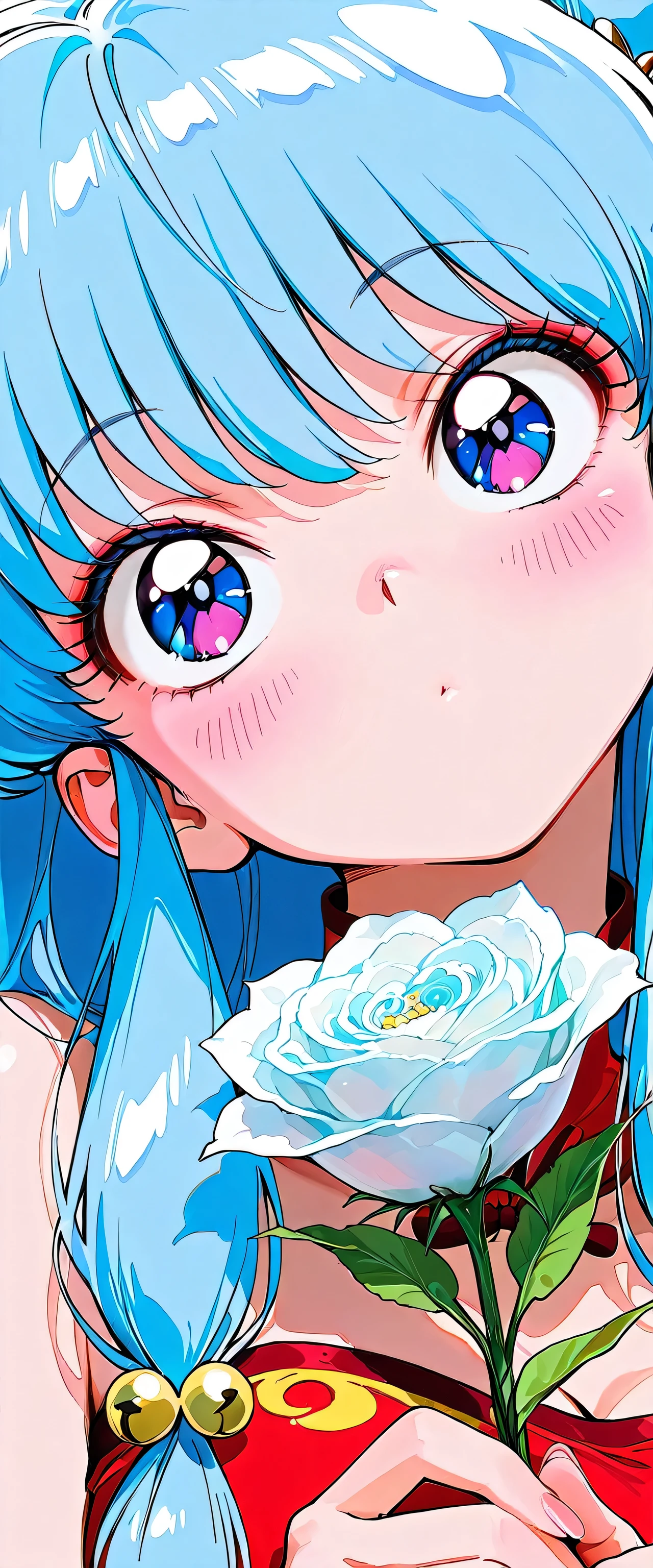 (close up:1.5),1girl,shampoo \(Ranma 1/2\),(beautiful girl:1.3),masterpiece,1girl,Ultra-high resolution,rich contrast,Very high quality,8k,Highly detailed CG unit wallpaper,Texture,RAW Photos,professional photograph,an extremely delicate and beautiful,Incredibly absurd,Depth of written boundary 1.2,Edinburgh's distinctive streets,(embarrassing),weak,(((blush))),(hair color is light blue:1.5),round eyes,big eyes,((holding a bouquet of flowers)),Moist eyes,Looking up,(((tilt your head))),no mouth,maorix