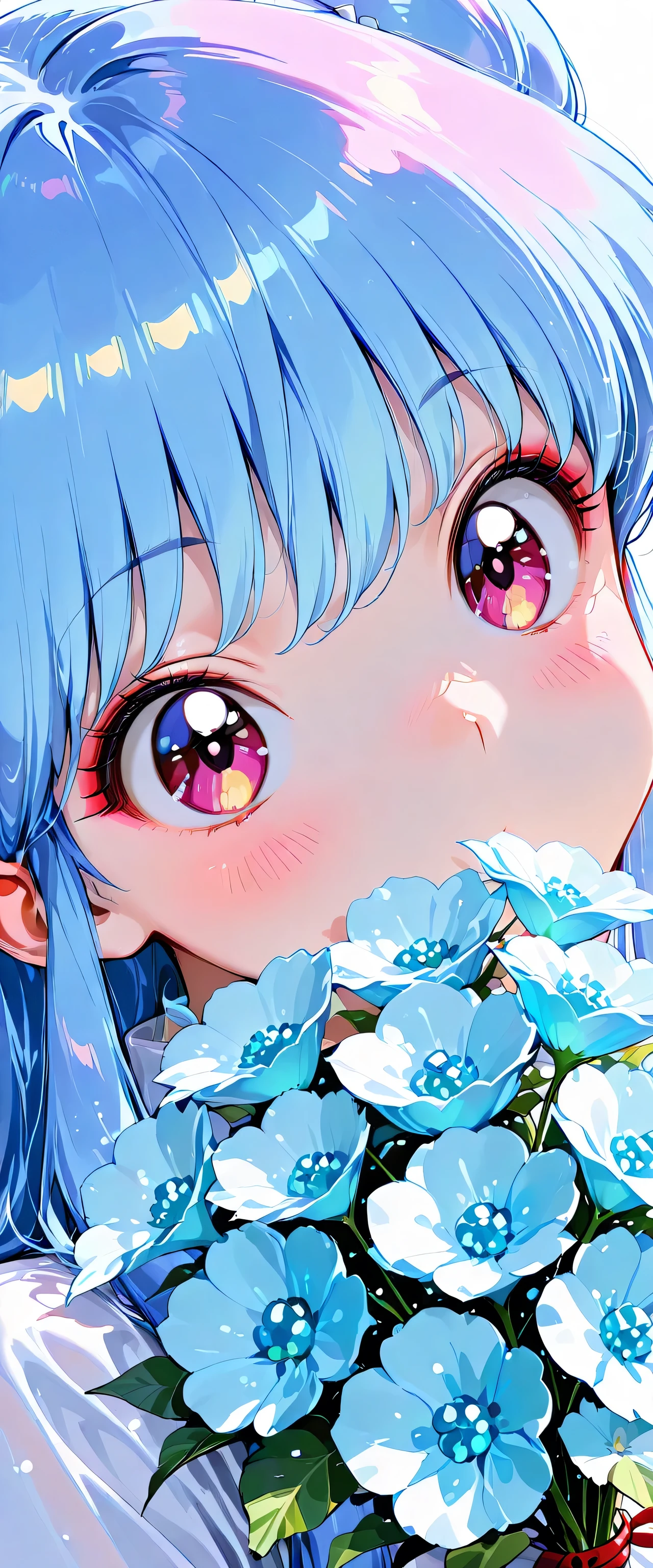 (close up:1.5),1girl,shampoo \(Ranma 1/2\),(beautiful girl:1.3),masterpiece,1girl,Ultra-high resolution,rich contrast,Very high quality,8k,Highly detailed CG unit wallpaper,Texture,RAW Photos,professional photograph,an extremely delicate and beautiful,Incredibly absurd,Depth of written boundary 1.2,Edinburgh's distinctive streets,(embarrassing),weak,(((blush))),(hair color is light blue:1.5),round eyes,big eyes,((holding a bouquet of flowers)),Moist eyes,Looking up,(((tilt your head))),no mouth