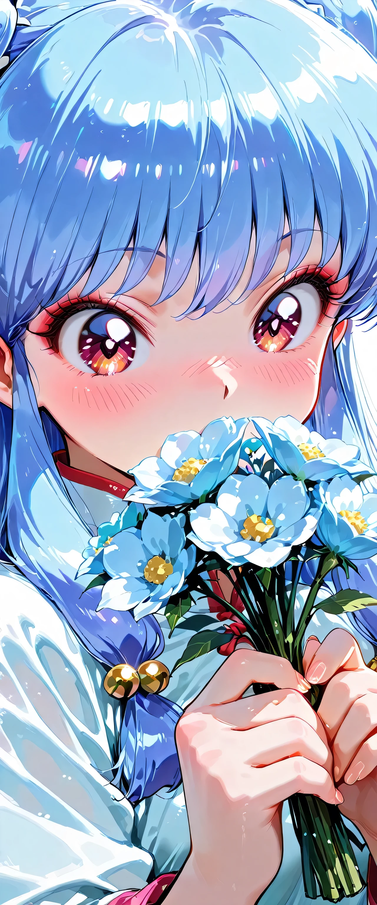 (close up:1.5),1girl,shampoo \(Ranma 1/2\),(beautiful girl:1.3),masterpiece,1girl,Ultra-high resolution,rich contrast,Very high quality,8k,Highly detailed CG unit wallpaper,Texture,RAW Photos,professional photograph,an extremely delicate and beautiful,Incredibly absurd,Depth of written boundary 1.2,Edinburgh's distinctive streets,(embarrassing),weak,(((blush))),(hair color is light blue:1.5),round eyes,big eyes,((holding a bouquet of flowers)),Moist eyes,