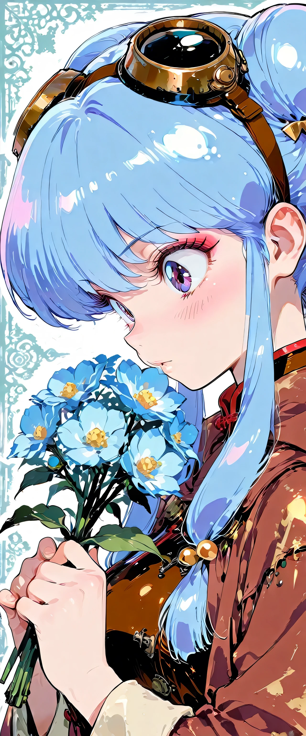 (close up:1.5),1girl,shampoo \(Ranma 1/2\),(beautiful girl:1.3),masterpiece,1girl,Ultra-high resolution,rich contrast,Very high quality,8k,Highly detailed CG unit wallpaper,Texture,RAW Photos,professional photograph,an extremely delicate and beautiful,Incredibly absurd,Depth of written boundary 1.2,Edinburgh's distinctive streets,((steampunk)),(embarrassing),weak,(((blush))),Brown goggles,(hair color is light blue:1.5),Brown cloak,pitch black night,Set-Flat-Style,flat color,vector style,clean lines,round eyes,big eyes,((holding a bouquet of flowers)),Moist eyes,(from side:1.3)