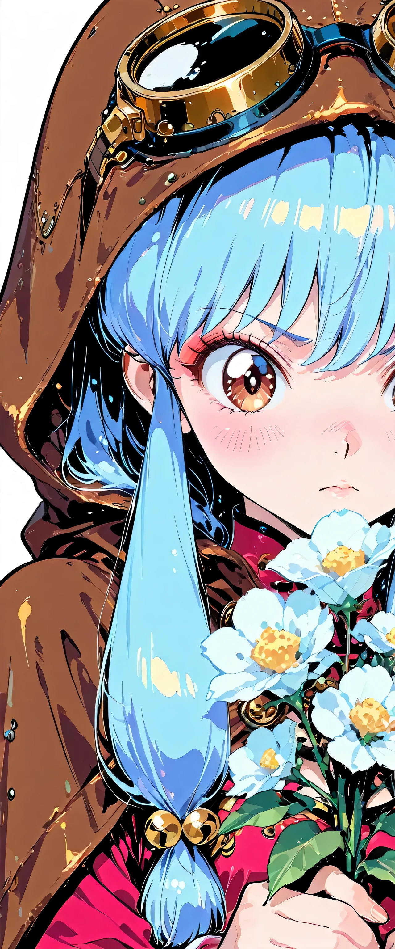 (close up:1.5),1girl,shampoo \(Ranma 1/2\),(beautiful girl:1.3),masterpiece,1girl,Ultra-high resolution,rich contrast,Very high quality,8k,Highly detailed CG unit wallpaper,Texture,RAW Photos,professional photograph,an extremely delicate and beautiful,Incredibly absurd,Depth of written boundary 1.2,Edinburgh's distinctive streets,((steampunk)),(embarrassing),weak,(((blush))),Brown goggles,(hair color is light blue:1.5),Brown cloak,pitch black night,Set-Flat-Style,flat color,vector style,clean lines,round eyes,big eyes,((holding a bouquet of flowers))