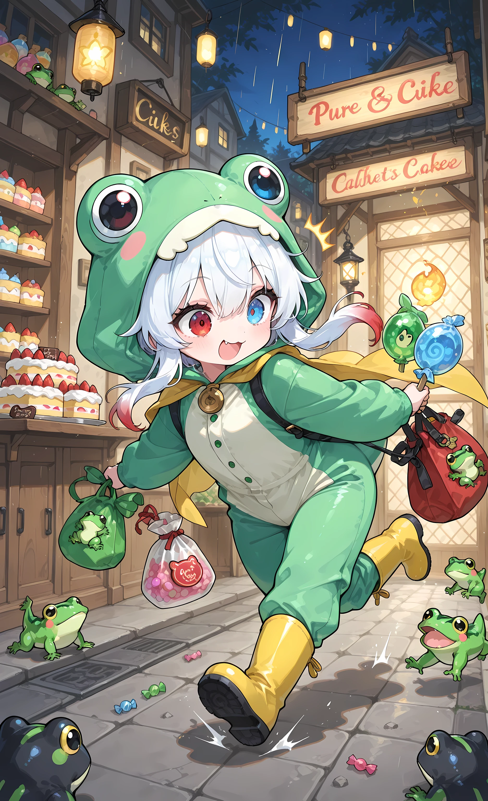 Melys Chibi, masterpiece, best quality, ultra-detailed:1.3, chibi style, dynamic action scene, 1girl, pure white hair with soft gradient red tips, heterochromia crimson red right eye:1.3 and ice blue left eye:1.3, fair skin, wearing bright green frog onesie with yellow cape, yellow rain boots, frantically running out of candy shop at late evening, bright shop door with "Candy Shop" sign, colorful display window filled with cakes and sweets, tripping over doorstep, covered in cake stains, holding huge bag of stolen sweets, desperately pulling frog accomplice, panicked expression, hair flying, motion blur, night street with lanterns, scattered candies, "Candy Robber" theme, chaotic escape
