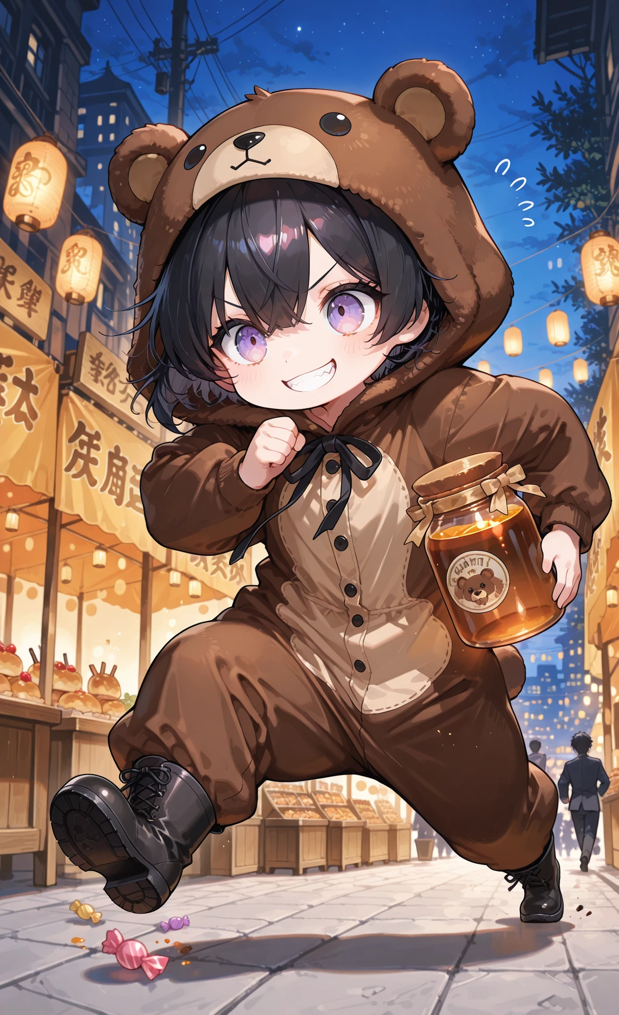 Kuma, masterpiece, best quality, ultra-detailed:1.3, chibi style, 1boy, solo, short black hair, lavender eyes, fair skin, wearing brown bear onesie, bear hood, black boots, dynamic action pose, running through city street at late evening, clutching stolen jar of honey in one hand, multiple bags of sweets and pastries in other hand, overflowing candy bags, guilty but excited expression, street vendor chasing him, night market background with food stalls and lanterns, scattered fruits and sweets on ground, "Candy Robber" theme, vibrant night colors, frantic escape, motion blur, urban environment