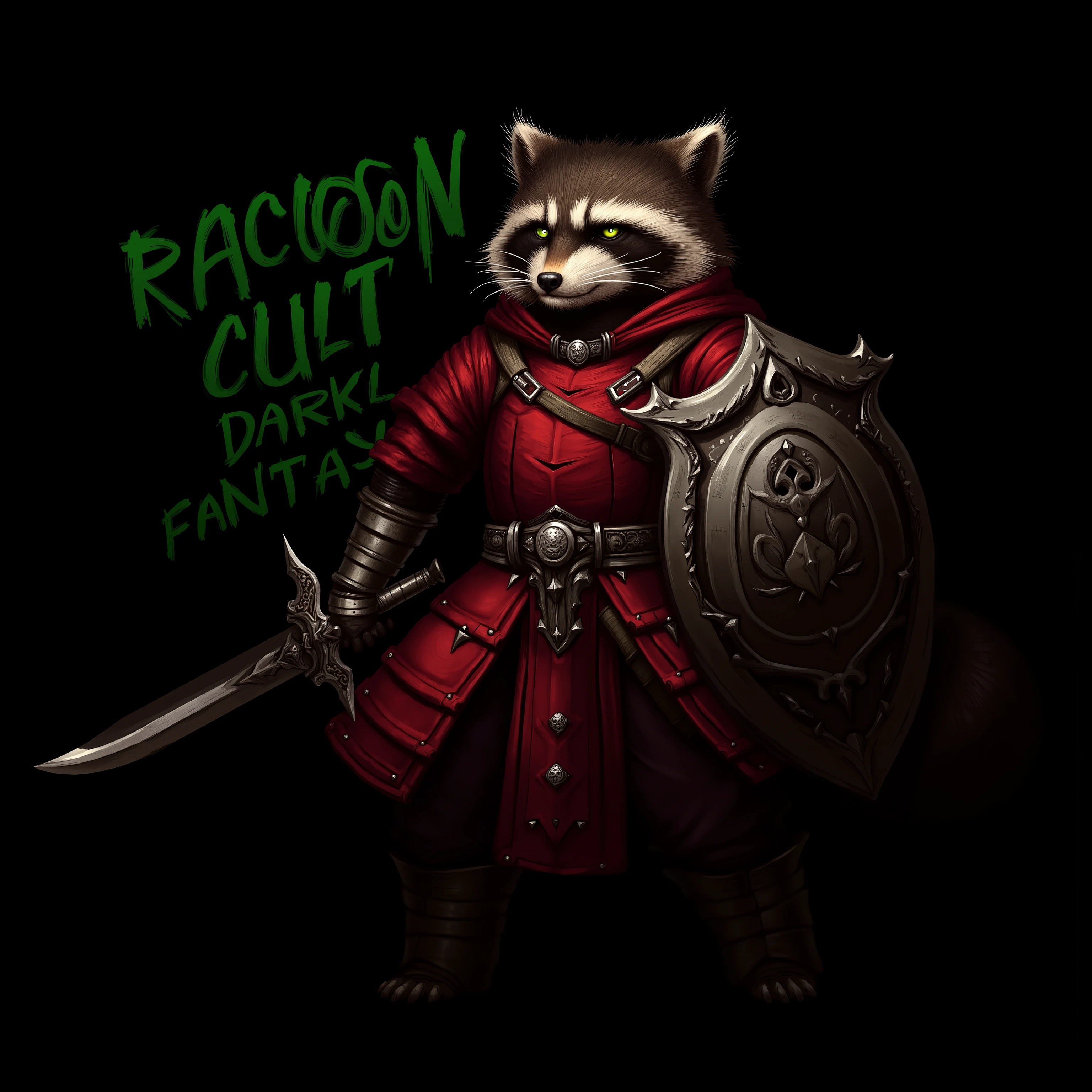 safe_pos, score_9, score_8_up, score_7_up, Logo, Black_background, (Raccoon_in_knight_armor:1.3), Red_armor, (Holding_sword_and_shield:1.3), Green_TEXT (''Raccoon Cult Dark Fantasy Month'')
