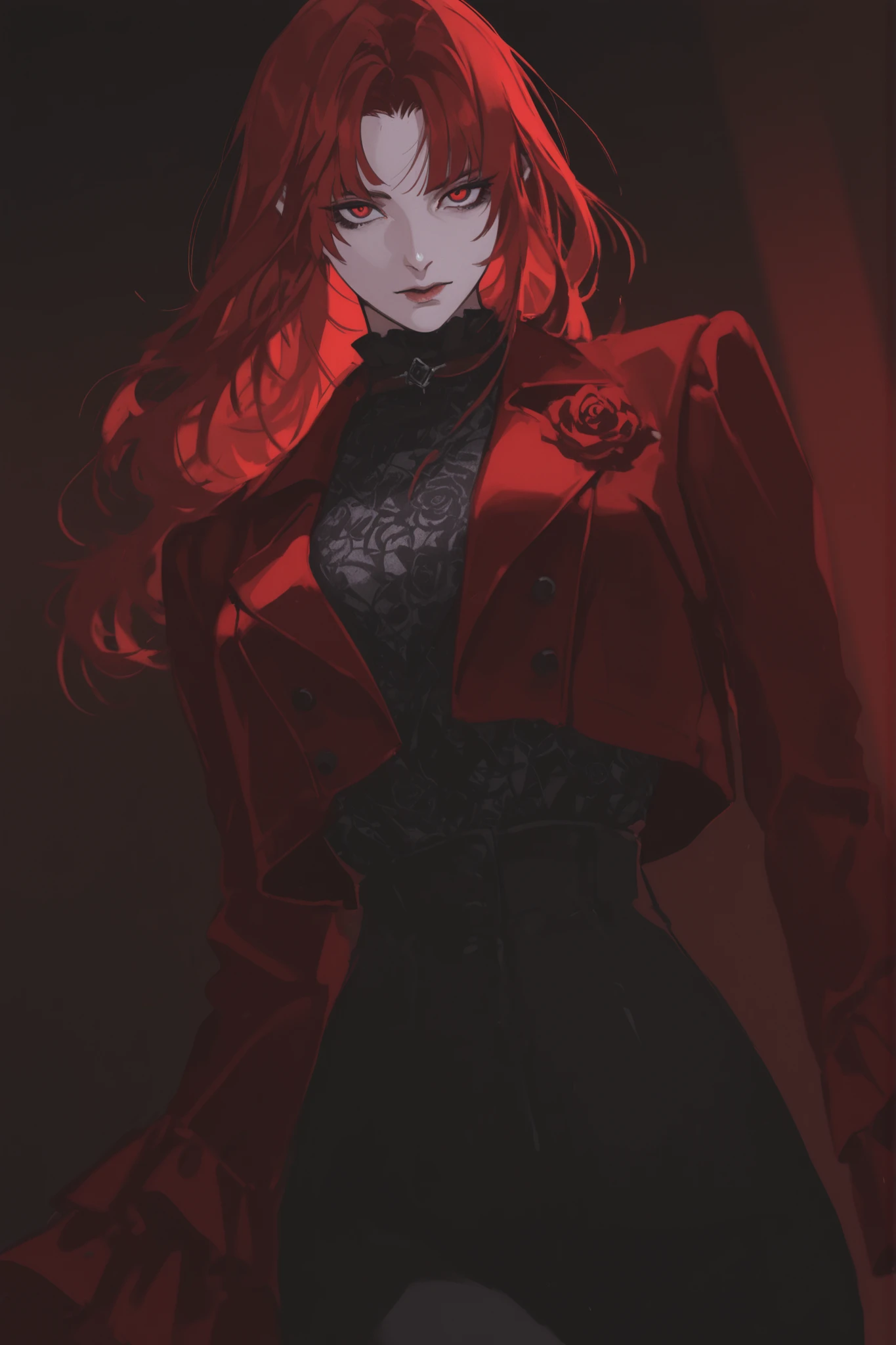  best quality, masterpiece, 1girl, red_hair, dynamic angle, long_hair, straight_hair, dynamic pose, neutral expression, evil, mature face, dark fantasy, {red, wine color, evil, tall lady, splash art}, red_flower, high_collar, high collar overcoat, roses, pattern undershirt, black undershirt, frill sleeves, round eyes, mature face, lingerie pattern), 1girl, cowboy_shot, red_hair, long_hair, blurry, eyeliner, path_to_nowhere, anime_style, high-waist_pants, gothic, goth, high victorian, carmilla, dark background, serious expression, popped_collar, blood color, cropped_jacket, red_jacket, dark expression, pattern_leggings, blurry_background, 1girl, yoneyama mai, pale, parted_bangs, cut_bangs, red eyes, edgy fashion, victorian style, bold look, fashionable, solo, looking at viewer, blurry, chromatic aberration, portrait, rich color, beautiful light, perfect contrast, realistic facial features, detailed features, defined features, detailed hair, semi-realistic style, attractive features, dark colors, dark lighting, painted style, detailed style, black outline, perfect detail, pale skin, eyebags, dull colors, anime style, semi-realistic, cute, boy, clear background, lifeless colors, dirty filter, dark, rough sketch lineart, loose lineart, watercolor coloring, masterpiece, ultra detailed, 4k, 8k, ultra hd, best