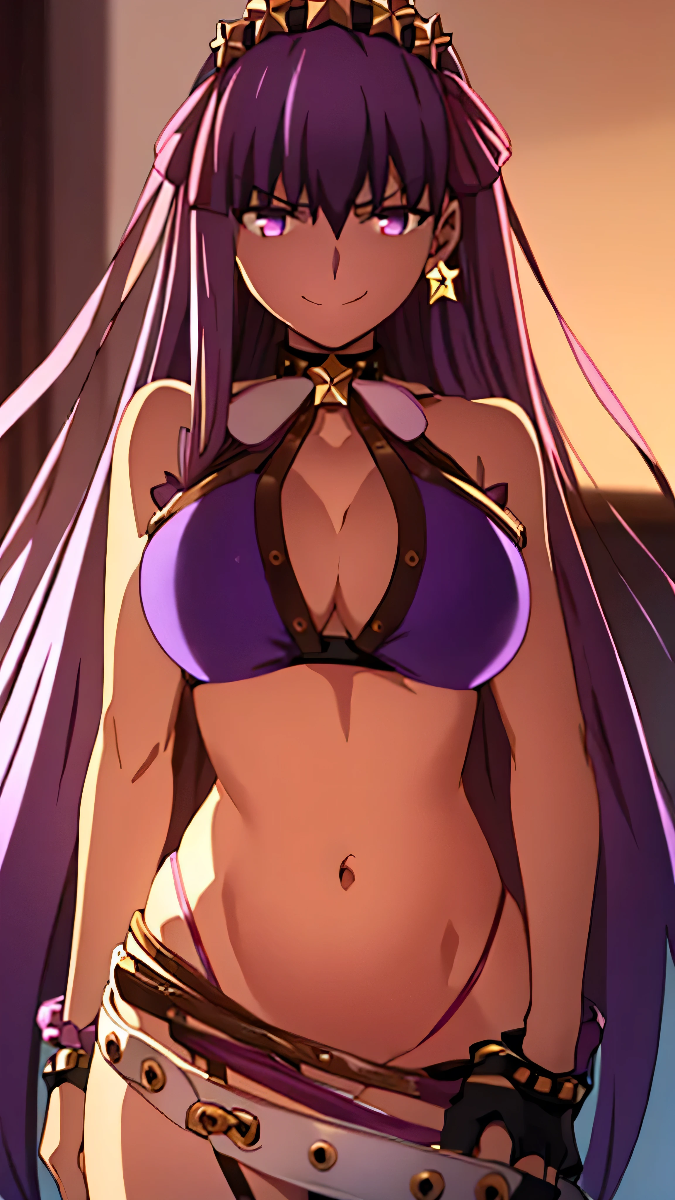   1 Girl,   high resolution , masterpiece,    anatomically accurate , (   background with legs crossed , lying on a sheet  .),(  fits the body with a tube dress  , white competitive swimsuit ,  sleeveless,I'm sweaty,Nipples),  cowboy shot, ,  focus your gaze , big ,   mature,smile, Expand Your Armpits,8k , anime style, Pixel perfect,masterpiece, Full Body ,ah, long hair, hair ornaments, headband, hair bow, purple ribbon, Star Earrings, Brown skin, sunburn, do not interfere unless the choker, neck ribbon, purple , Bracelets, fingerless gloves, Black Glove, White Belt, girl with yellow eyebrows, black knee-high,(smirk:1.5),sea background