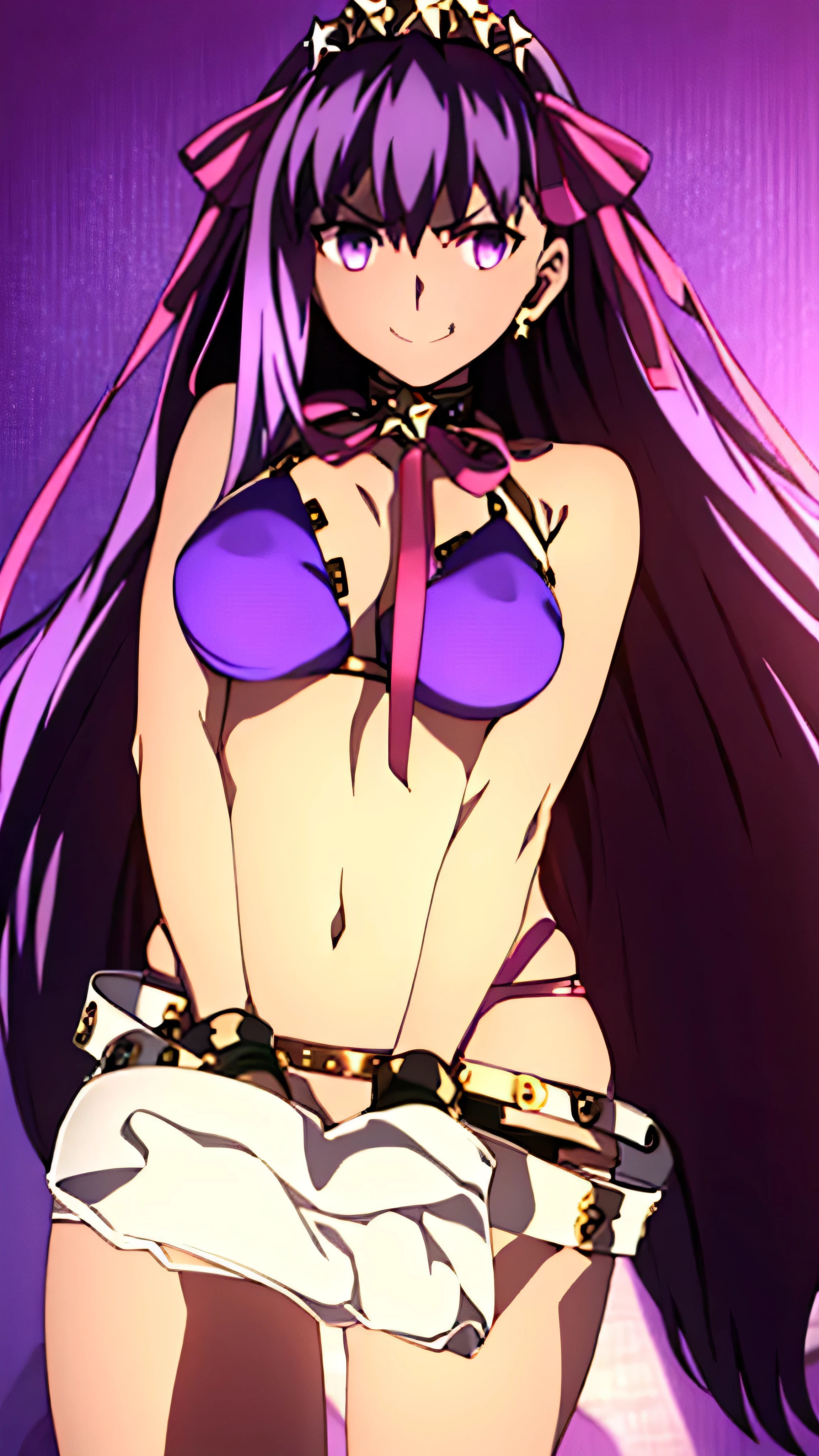   1 Girl,   high resolution , masterpiece,    anatomically accurate , (   background with legs crossed , lying on a sheet  .),(  fits the body with a tube dress  , white competitive swimsuit ,  sleeveless,I'm sweaty,Nipples),  cowboy shot, ,  focus your gaze , big ,   mature,smile, Expand Your Armpits,8k , anime style, Pixel perfect,masterpiece, Full Body ,ah, long hair, hair ornaments, headband, hair bow, purple ribbon, Star Earrings, Brown skin, sunburn, do not interfere unless the choker, neck ribbon, purple , Bracelets, fingerless gloves, Black Glove, White Belt, girl with yellow eyebrows, black knee-high,(smirk:1.5),sea background