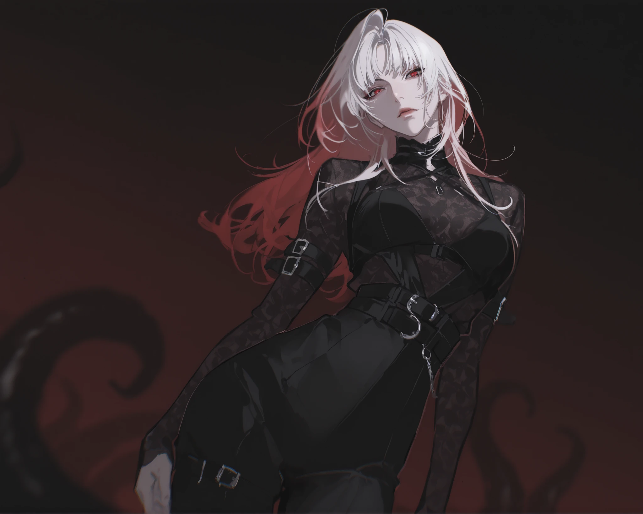  best quality, masterpiece, 1girl, white_hair, dynamic angle, long_hair, straight_hair, dynamic pose, neutral expression, evil, mature face, dark fantasy, {black, evil, tall lady, splash art}, tentacles, cosmic horror, belts, leg belt, arm belt, nox_(path_to_nowhere) ,pattern undershirt, black undershirt, round eyes, lingerie pattern), 1girl, cowboy_shot, red_hair, long_hair, blurry, eyeliner, path_to_nowhere, anime_style, high-waist_pants, gothic, goth, high victorian, dark background, serious expression, one-piece black bodysuit, dark expression, pattern_leggings, blurry_background, 1girl, yoneyama mai, pale, parted_bangs, cut_bangs, red eyes, edgy fashion, victorian style, bold look, fashionable, solo, looking at viewer, blurry, chromatic aberration, portrait, rich color, beautiful light, perfect contrast, realistic facial features, detailed features, defined features, detailed hair, semi-realistic style, attractive features, dark colors, dark lighting, painted style, detailed style, black outline, perfect detail, pale skin, eyebags, dull colors, anime style, semi-realistic, cute, boy, clear background, lifeless colors, dirty filter, dark, rough sketch lineart, loose lineart, watercolor coloring, masterpiece, ultra detailed, 4k, 8k, ultra hd, best