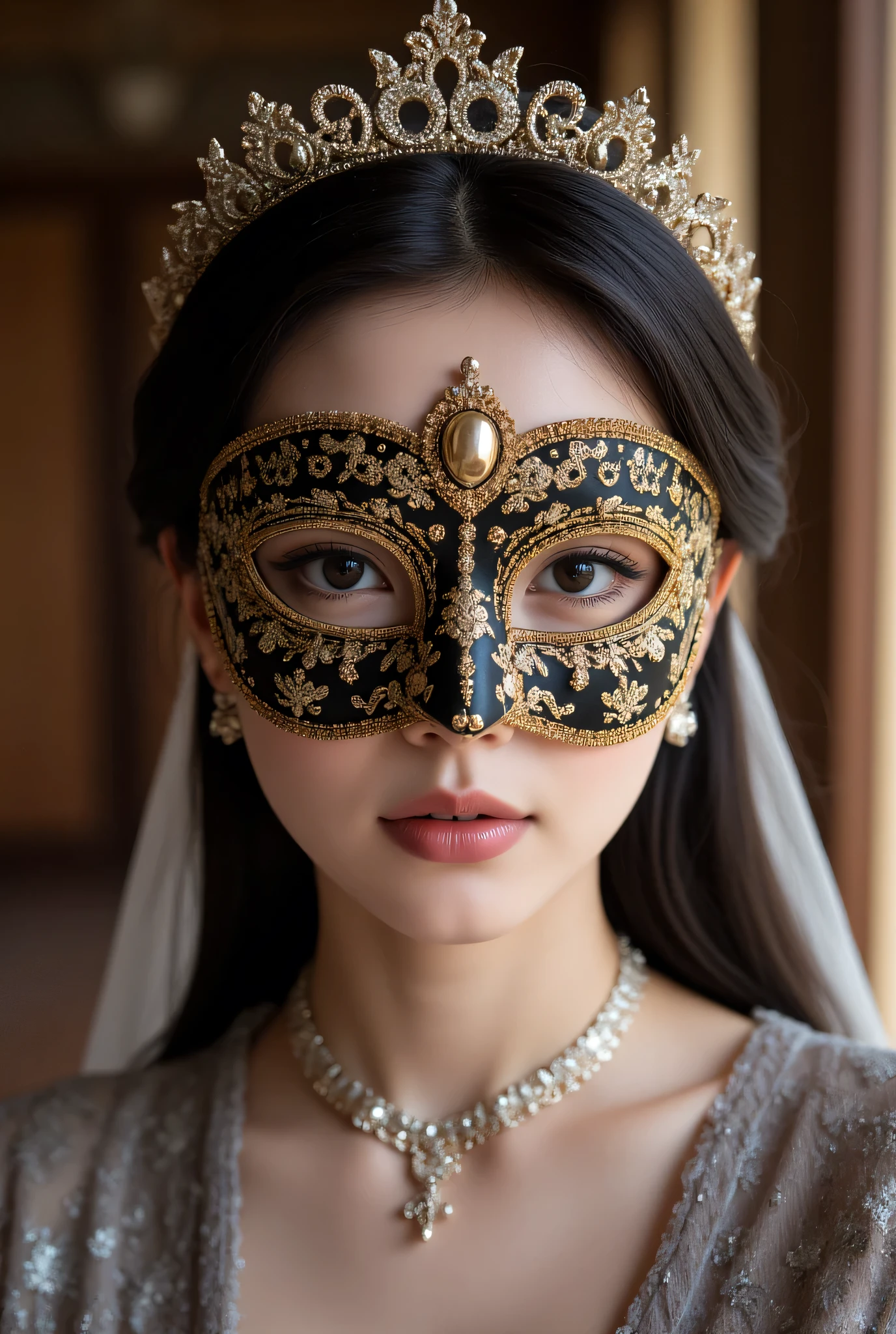 (Highest Quality、Table Top、8k、Highest Quality、winning work)、(Japanese bride who covered her face with a Venetian mask:1.5)、(Chunky and Sturdy Black and Gold Giant Venetian Mask:1.5)、、(Exquisite and Exclusive Black and Gold Beautiful Venetian Mask:1.5)、(Venetian mask doesn't see through skin:1.5)、(No expression:1.4)、big boobs、(cleavage:1.1)、dark hair、(Alone:1.1)、(BEST WEDDING DRESS:1.2)、( perfect wedding lace :1.5)、(Finest Jewelry Tiara:1.5)、(Giant Finest Jewelry Necklace:1.3)、(Princess in a Bride:1.1)、(PRINCESS IN A WEDDING DRESS:1.2)、(THE GRAND AND MOST EXCLUSIVE ROYAL PALACE BACKGROUND:1.3)、ultra high definition hair、 Super Hi-Res Gloss Slip 、beautiful face in ultra high definition、(accurate anatomy:1.2)、very bright and beautiful skin、 very bright and vivid 、( face close-up :1.3)