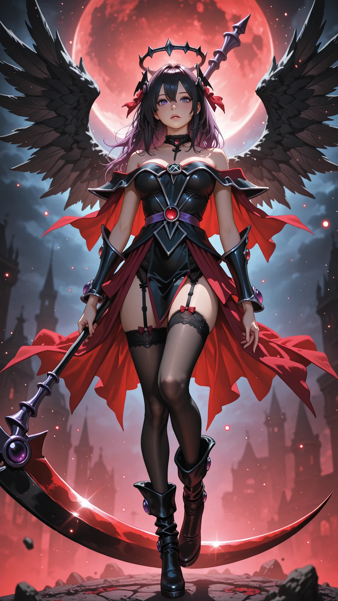Darck magician girl. PhotoRealistic、(Horror Taste:0.7)、(fantastic)、(contrast between light and shadow、solo、Fallen Angel Girl、(Black half shattered angel halo)、dark haired、Purple Eyes、Cold look、Red and Black Gothic Dress、Garter belt up to the thigh、black stockings、black short boots、Black Wings emitting Black Particles、Red scare 々Holding a large scythe in your hand、pose where you open your and wield the scythe、Particles in the trajectory where the scythe was swung