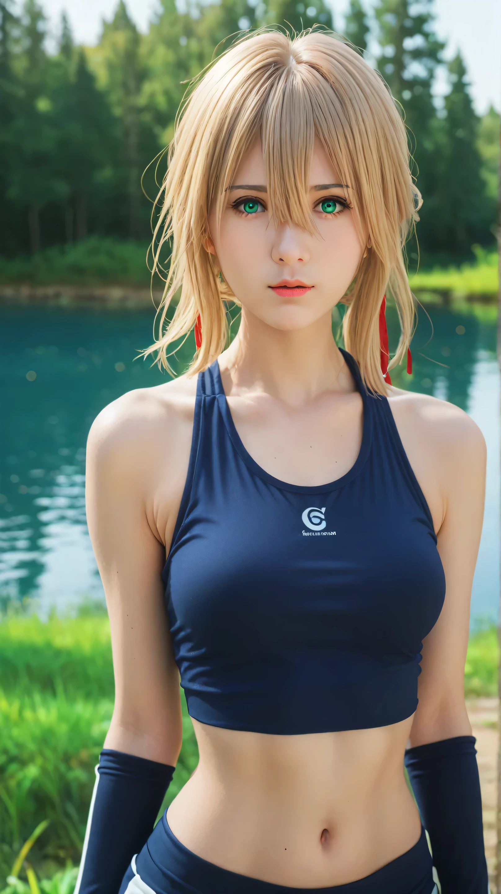 Masterpiece, best quality, 8k, ultra high resolution, photorealistic, cinematic composition,1girl, solo,vuole t vevergarden,emerald eyes,blonde hair,outdoors,potrait,forest,big breast,(lake background:1.4),standing still,(hair between eyes:1.3),sports bra,black glove,close up,navel,red ribbon
