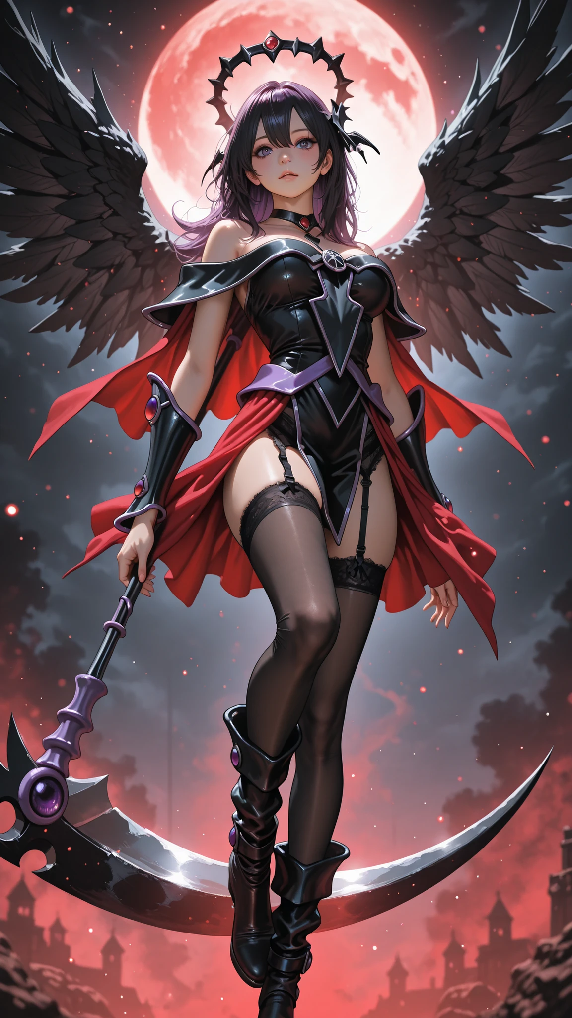 Darck magician girl. PhotoRealistic、(Horror Taste:0.7)、(fantastic)、(contrast between light and shadow、solo、Fallen Angel Girl、(Black half shattered angel halo)、dark haired、Purple Eyes、Cold look、Red and Black Gothic Dress、Garter belt up to the thigh、black stockings、black short boots、Black Wings emitting Black Particles、Red scare 々Holding a large scythe in your hand、pose where you open your and wield the scythe、Particles in the trajectory where the scythe was swung