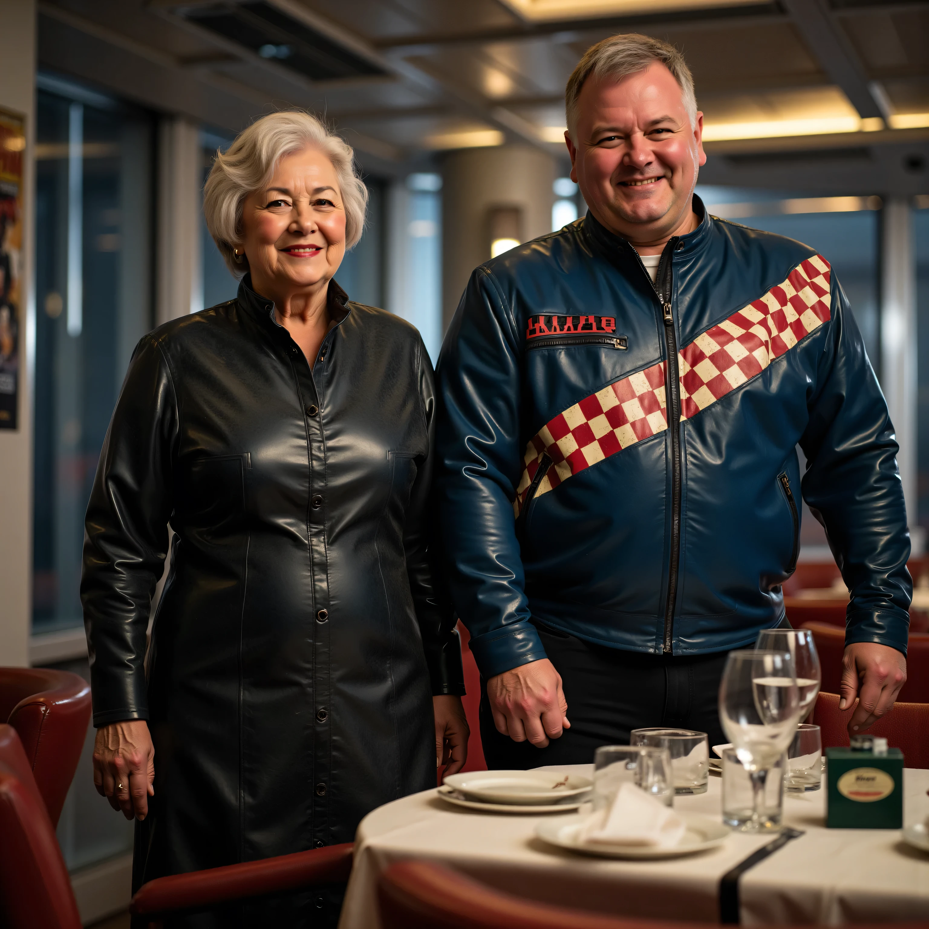 ,a 74 year old asian woman wearing a vintage leather dress made of shiny wrinkled black leather with dust and dirt stains, the woman stands at the side of a dining table in a futuristic sky scraper restaurant, the restaurant is a revolving restaurant, the dress has a single thin red stripe across the chest, there is a 50 year old man that weighs 400 pounds holding the womans hand, the man wears a blue and red vintage cafe racer leather jacket bredwhtredcheckercrjkt with a green and black checker stripe diagonally across the chest
