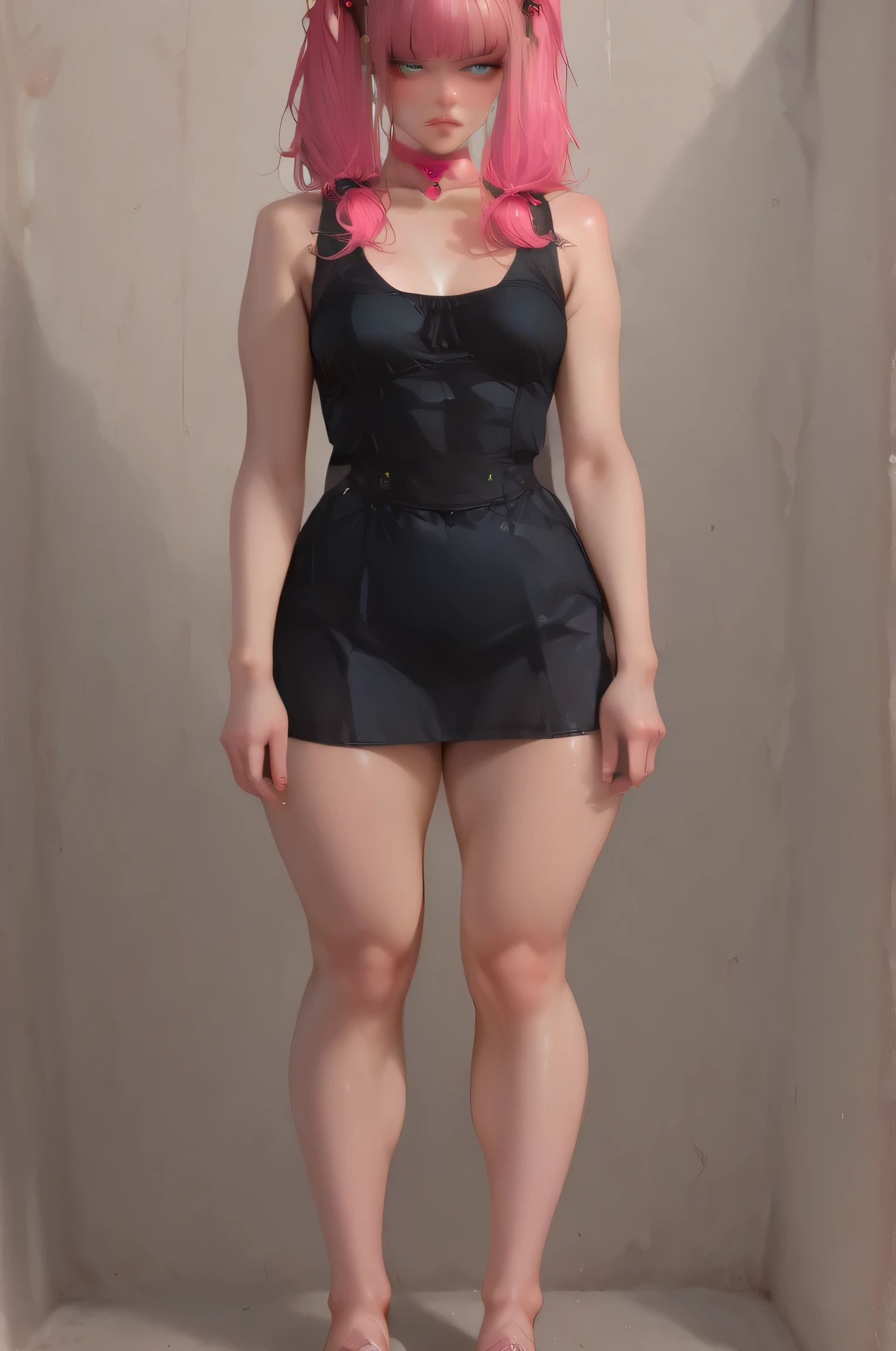 ((((Full body creation, showing bust, head, waist, hair, thick thighs, thick legs, huge feet)))) Femmes_ST, masterpiece, best quality, very aesthetic, high resolution, ultra-detailed, full body creation, absurd, The style incorporates a hypersexualized, bold and aggressive aesthetic, most recent, extremely detailed eyes, 1 woman, alone, small breasts, looking at the viewer and downcast, huge bangs, bangs covering the eyes irregularly, blue eyes, pigtails, closed mouth, vibrant pink hair, upper body, heart, choker, blurred, turquoise-blue eyes, lips, eyelashes, turquoise-pink hair, makeup, heart-shaped hair ornament, pink choker, Realistic IL | Lux Femmes Colorful | Conceptual Style ()