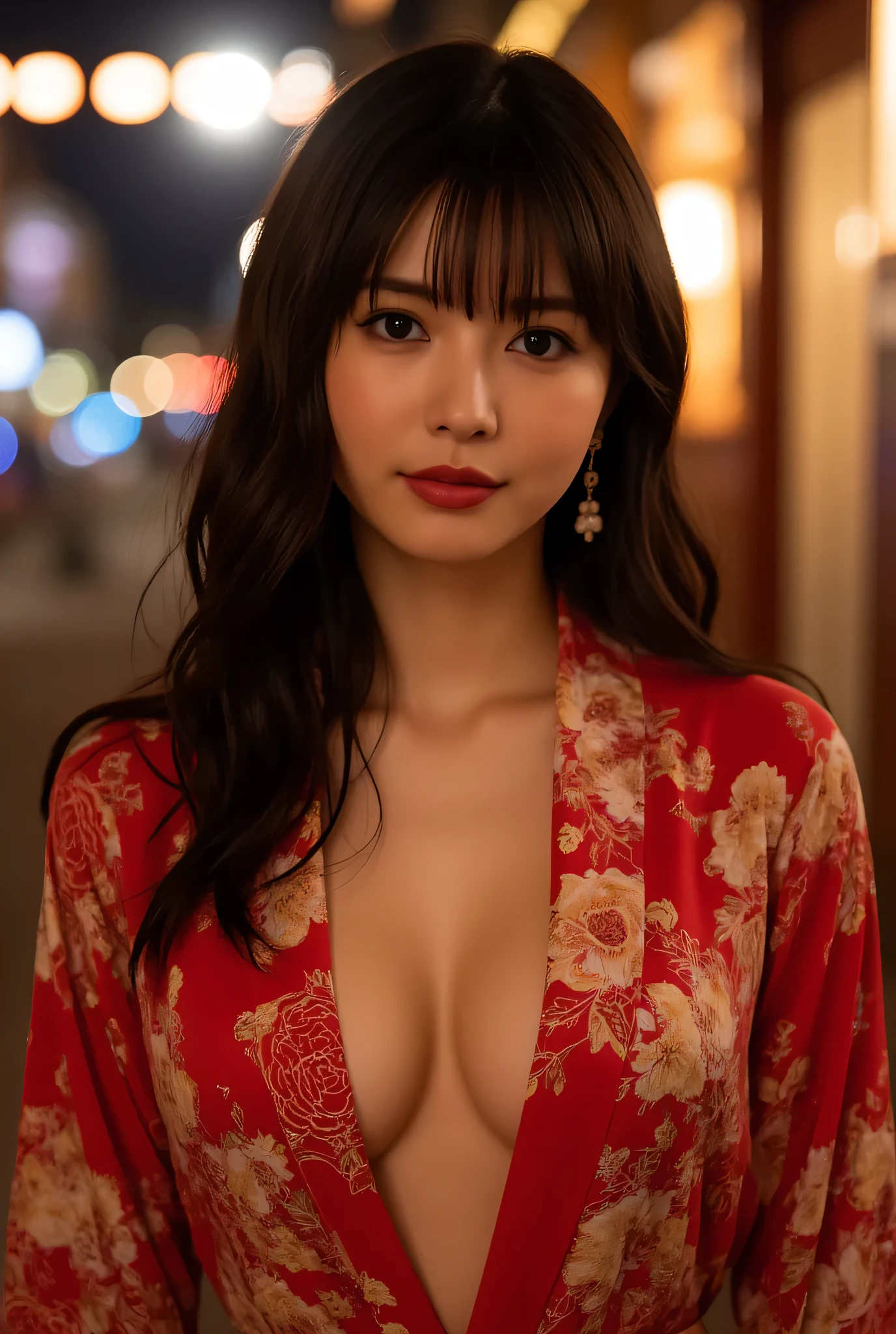 (Highest Quality、greatest masterpiece、8k、Highest Image Quality、winning work)、Beautiful Women、  perfect and beautiful composition    、[collarbone]、(Flower woman wearing the finest glamorous floral kimono in red and gold with a V-neck:1.5)、(reveals her cleavage from a V-neck floral kimono with a wide chest:1.5)、(A Prostitute Who Seduces Me Sensually:1.2)、Full Body Photo、wavy hair、(standing gracefully:1.1)、Saggy Eyes、 perfect dark makeup 、red lips、Red Eye Shadow、glossy lipstick、long lashes、  Ultra High Resolution Beautiful Face   、ultra high definition hair、Super High Resolution Sparkling Eyes、super high resolution glossy lips、accurate anatomy、(Romantic and Moody Nighttime Entertainment District Background:1.4)