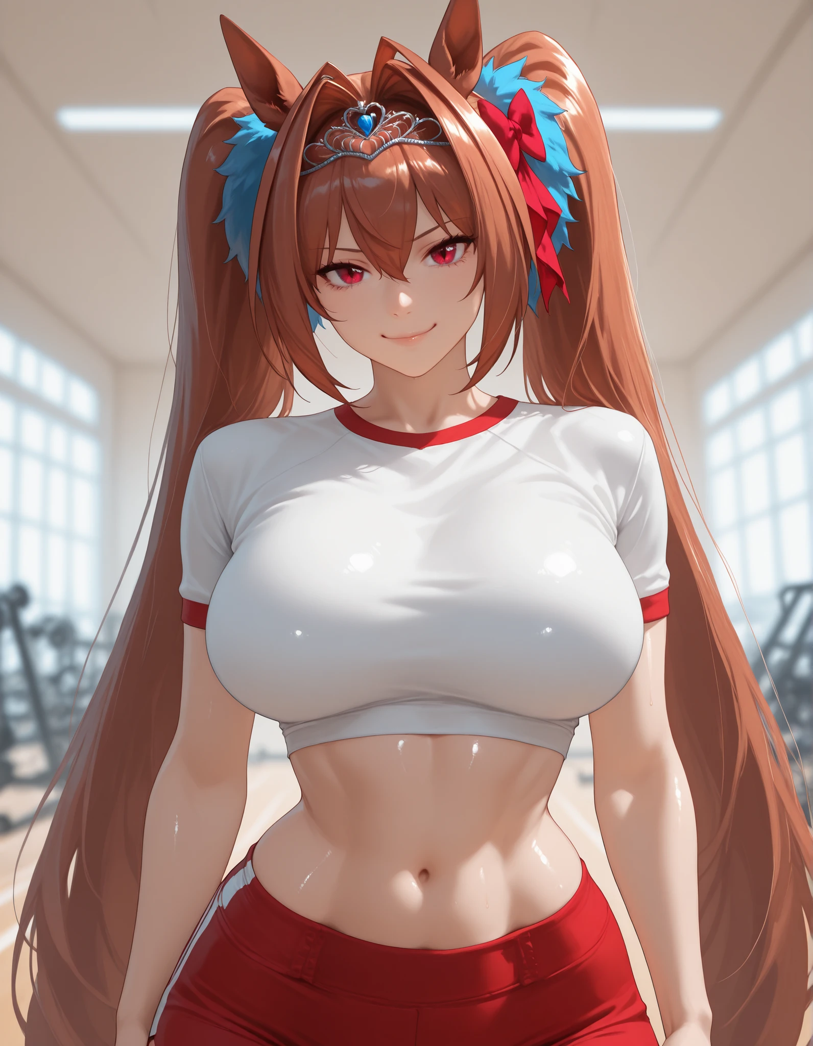 score_9, masterpiece, top quality, vibrant, Very Aesthetic, High Contrast , Semi-realistic, , natural light, Daiwa Scarlet, dwstdef, horse tail, brown hair, hair intakes, hair between eyes, twintails, hair bow, red bow, tiara, animal ears, red eyes, , large breasts, white shirt, , athletic body, midriff, wide hips, thin waist, thick thighs, sexy smile,, shiny skin, seductive, , vivid colors,, , dynamic pose, ,shiny skin, look at viewer, perfect anatomy, indoors, , blurry background, red shorts, sport clothes, perfect hand, gym, indoors,, upper body, portrait,