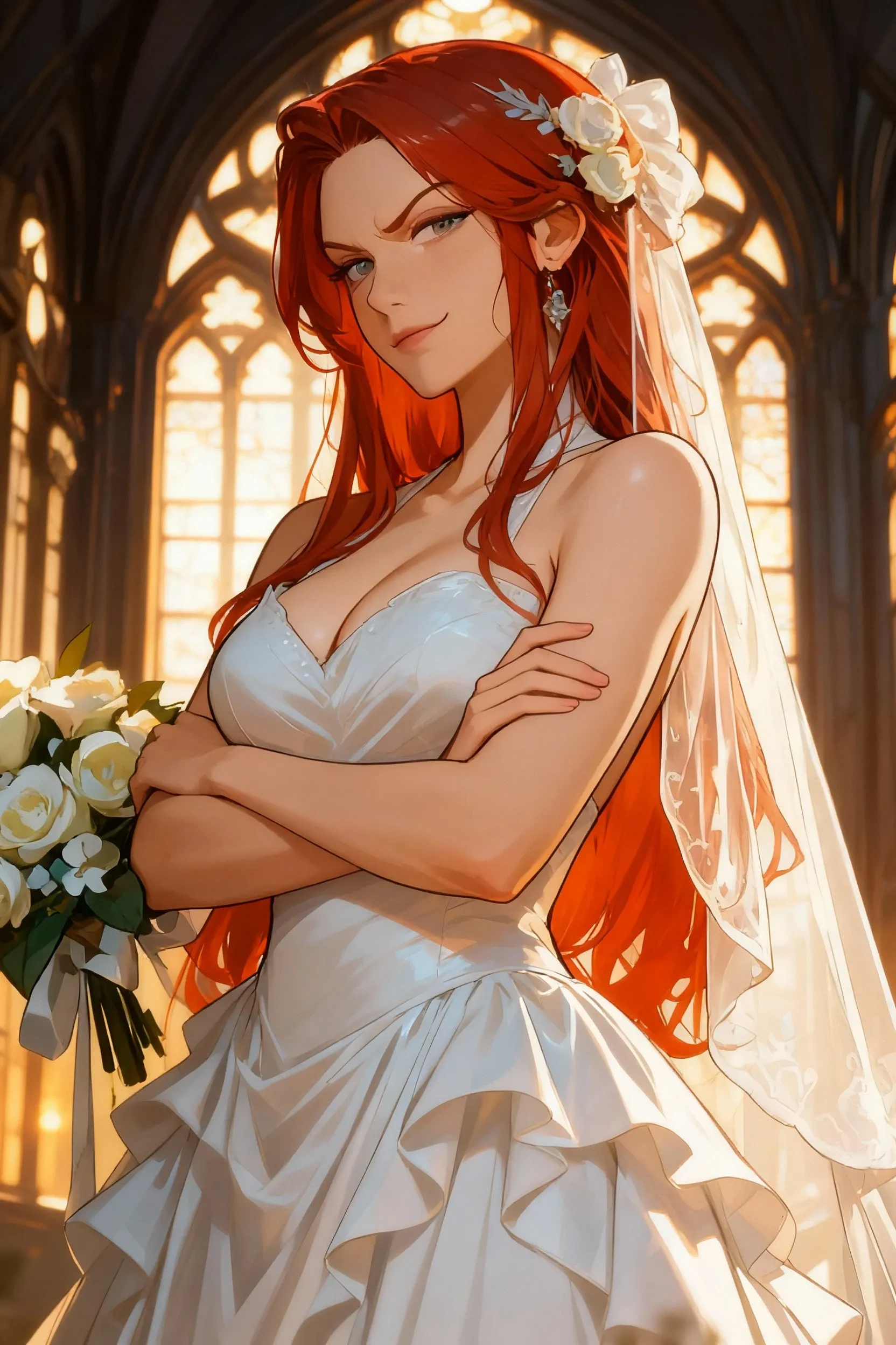 Sunsethuman, Sunset Shimmer, Sunset Shimmer from my little pony, Sunset Shimmer in the form of a girl, , lush , voluminous , firm , shin, heels, feet, five fingers, detailed hands, two hair tones, red and yellow hair, Wedding, getting married, wedding dress, bouquet of flowers, white dress, white gloves, white tights with garters white shoes, solo, one character, happy face