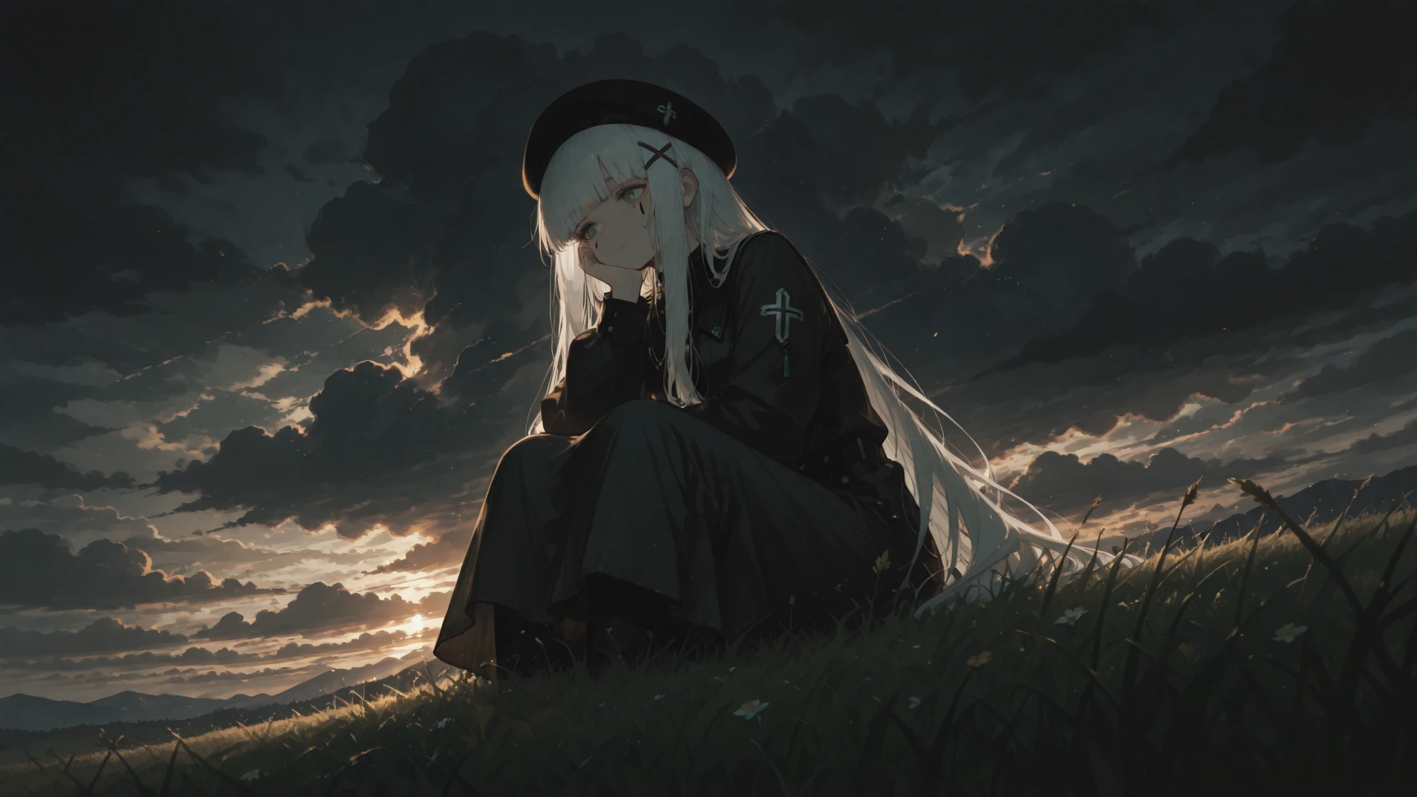 hat,beret,black headwear,very long hair,white hair,x hair ornament,sidelocks,blunt bangs,green eyes,facial mark,teardrop,A powerful low-angle view of a girl, seemingly one with the landscape, sitting in a vast, empty grassland. The sky is a monumental expanse of bruised, dark clouds, promising a deluge, yet there's an unsettling, almost sacred hush. The girl's face is calm, her eyes perhaps closed or gazing inward, reflecting the immense, quiet power of the approaching storm