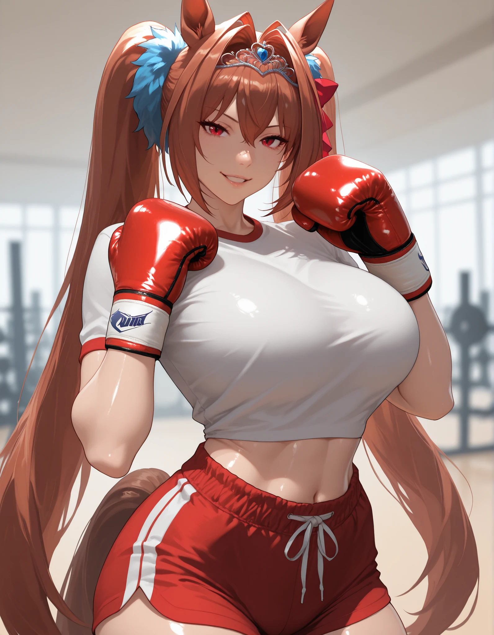 score_9, masterpiece, top quality, vibrant, Very Aesthetic, High Contrast , Semi-realistic, , natural light, Daiwa Scarlet, dwstdef, horse tail, brown hair, hair intakes, hair between eyes, twintails, hair bow, red bow, tiara, animal ears, red eyes, , large breasts, white shirt, , athletic body, midriff, wide hips, thin waist, thick thighs, sexy smile,, shiny skin, seductive, , vivid colors,, , dynamic pose, ,shiny skin, look at viewer, perfect anatomy, indoors, , blurry background, red shorts, sport clothes, perfect hand, gym, indoors,, upper body, combat pose, boxing gloves, parted lips, naughty eyes,