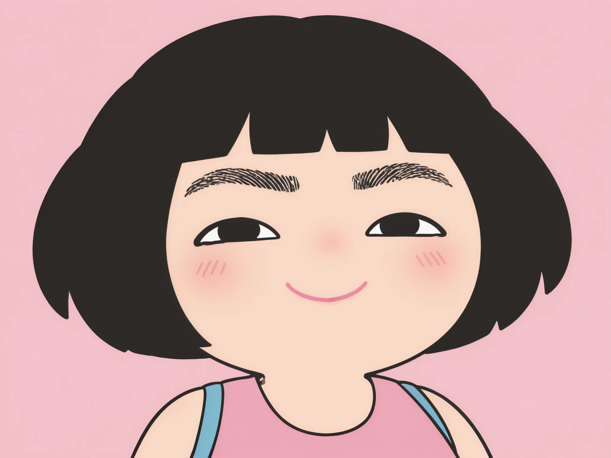 thick eyebrows, exaggerated eyebrows, expressive eyebrows, curved eyebrows, black eyebrows, monobrow, unibrow, heavy eyebrows, eyebrow focus, eyebrow expression, stylized eyebrows, cartoon eyebrows, cute character, stylized girl, short hair, black hair, round face, simple face, pink cheeks, blush, smiling face, closed mouth smile, confident expression, raised eyebrows, funny face, comical look, cute art, flat colors, cartoon style, digital illustration, cute design, playful art, pastel colors, pink background, coral background, blue dress, pink dress, sleeveless outfit, round eyes, tiny pupils, upward gaze, mischievous look, silly face, humorous design, exaggerated features, clean lines, flat shading, kawaii character, expressive face, quirky design, funny eyebrows, strong brow, expressive cartoon, female character, thick black hair, round hairstyle, bob haircut, stylized haircut, minimal background, cheerful mood, comical expression, exaggerated style, character art, cute cartoon, modern illustration, stylized female, profile, digital character, blush detail, cheek blush, dark eyebrows, girl with thick eyebrows, cute woman, pink lips, lipstick, lip color, expressive eyes, cartoon humor, exaggerated anatomy, fun art, quirky personality, smiling girl, round character design, simple color palette, cute simplicity, minimalist portrait, character focus, stylized portrait, pink tone, blue tone, hand-drawn feel, simple character, portrait, aesthetic cartoon, graphic style, feminine character, big eyebrows, cute aesthetic, expressive design, fun illustration