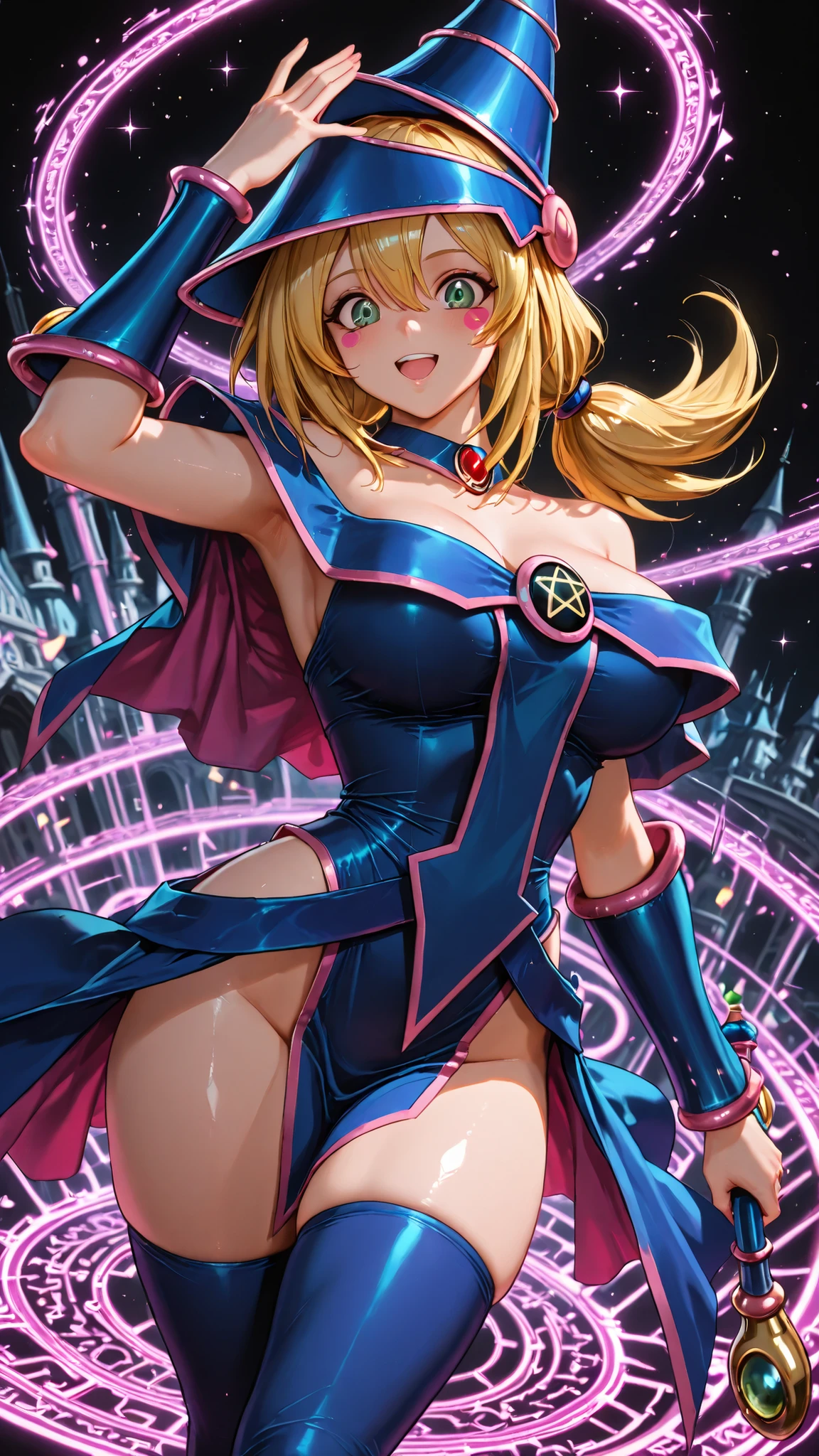 (score_9:0.9),score_8_up,score_7_up,rating_safe,(zPDXL),(zPDXL3),dark magician,solo,green eyes,purple wizard hat,purple hair,upper body,looking at viewer,1girl,purple wizard clothes,magic circle,MEDIUM breasts,thick thighs,small waist, NSFW, glass cover, upper body, side shot, alternate color, masterpiece, detailed illustration, lifelike, Pixiv top quality, exquisite, {{{Cute 1dark magician girl}}}, super beauty merging with the machine, elaborate shabby chic pattern, beautiful and shiny woman, half of my body is made of machine, transparent glass body, the machine inside is transparent, cinematic lighting, dynamic angle, dynamic pose, MAGIC World, depth of field. Magic macaw at the bottom. magic hearts showing your VOLUPTUOUS body, BIG , BEAUTIFUL, SENSUAL, BLUSHING from head to toe, STROLLING THE CASTLE, SMILING PLAYING SEXY CROSSED LEGS, BLONDE HAIR INTERACTING WITH LUCID MAGIC , twin pigtails, Black background,colorful,vibrant, shiny outline ,neon,Blacklight,any pose, dynamic, Behavior