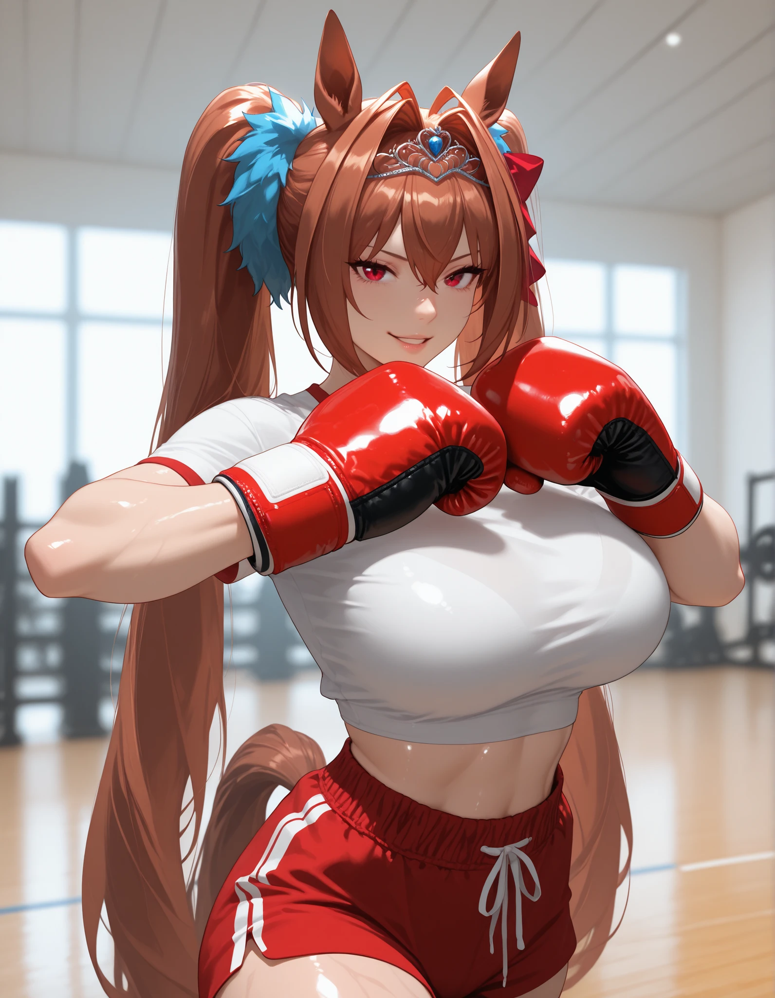 score_9, masterpiece, top quality, vibrant, Very Aesthetic, High Contrast , Semi-realistic, , natural light, Daiwa Scarlet, dwstdef, horse tail, brown hair, hair intakes, hair between eyes, twintails, hair bow, red bow, tiara, animal ears, red eyes, , large breasts, white shirt, , athletic body, midriff, wide hips, thin waist, thick thighs, sexy smile,, shiny skin, seductive, , vivid colors,, , dynamic pose, ,shiny skin, look at viewer, perfect anatomy, indoors, , blurry background, red shorts, sport clothes, perfect hand, gym, indoors,, upper body, combat pose, boxing gloves, parted lips, naughty eyes, from above,