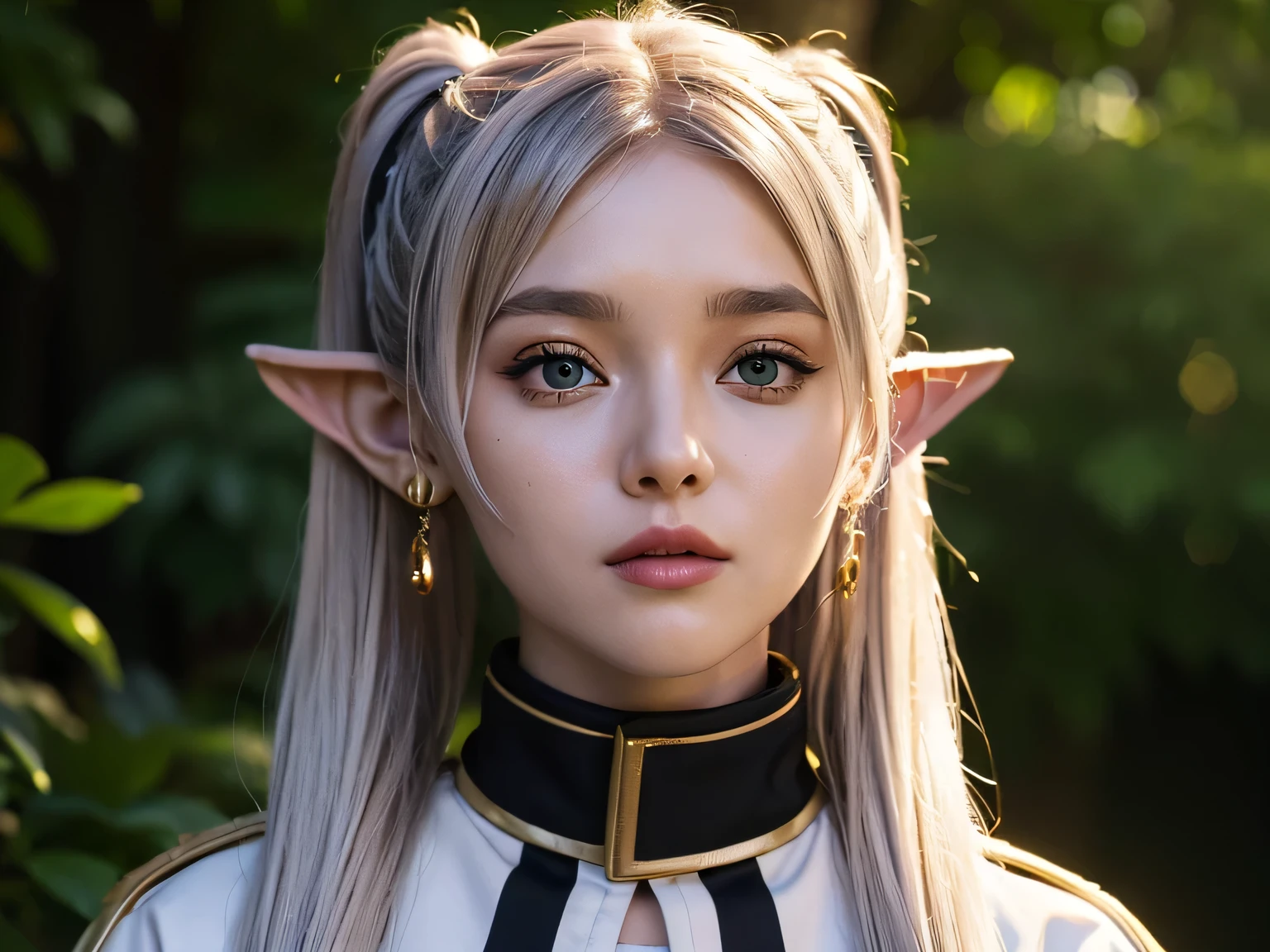 (work of art, best qualityer, sfw, por Sasha Khmel), 1 girl, closeup, detailedeyes, long  white hair, elf ears, wizard outfit, forst, impressionist dinner