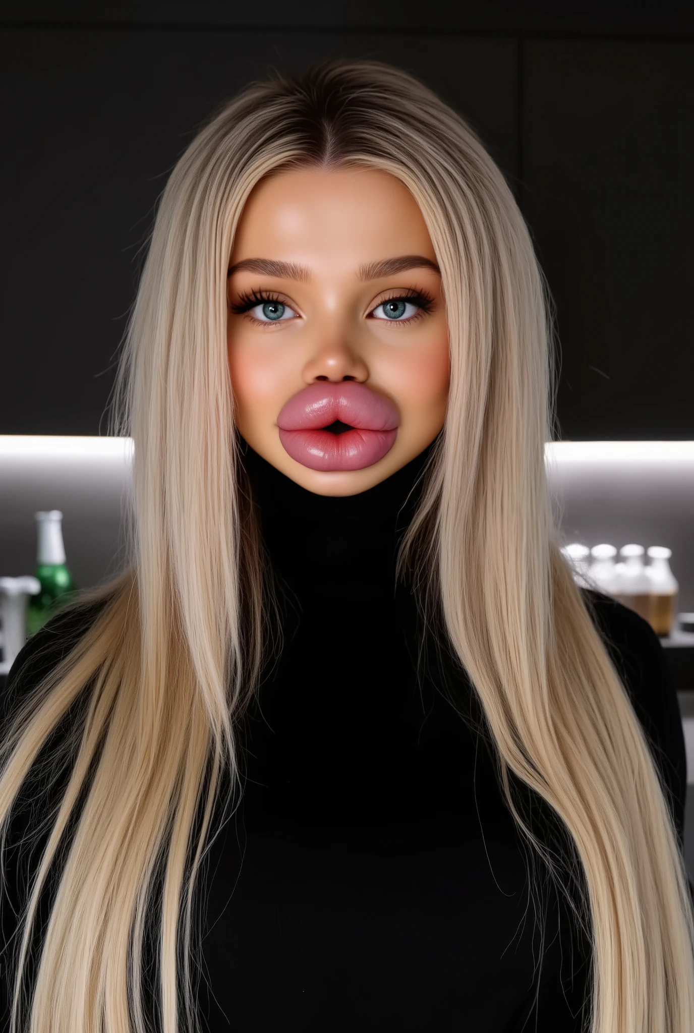 Ultra-realistic front view portrait of a super cute young woman in her 20s with platinum blonde hair with black roots. She has a puffy face and long eyelashes. Her facial features are huge fake round bimbo lips, glossy and overfilled, and she has round cheeks. She Looks innocent. She is wearing a tight black ribbed wool turtleneck sweaster. She has bright green eyes. The lighting is soft and even, and the background is minimal, emphasizing her face and outfit. The style is high-end influencer aesthetic, ultra-detailed, photorealistic, cinematic 8k. 
