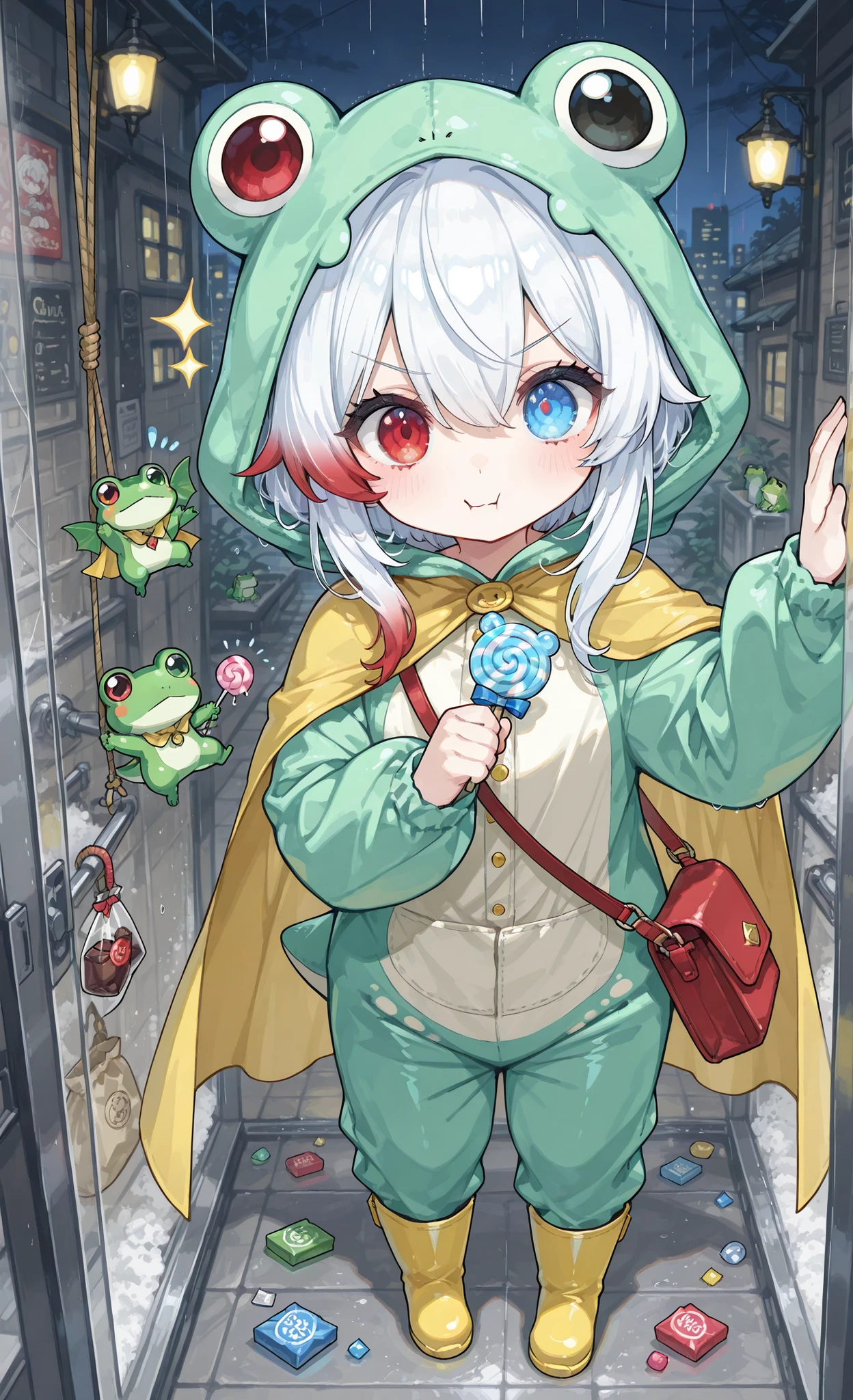 Melys Chibi, masterpiece, best quality, ultra-detailed:1.3, chibi style, extreme heist action scene, 1girl, pure white hair with soft gradient red tips, heterochromia crimson red right eye:1.3 and ice blue left eye:1.3, fair skin, wearing bright green frog onesie with yellow cape, yellow rain boots, swinging on candy cane rope through shattered skylight of candy bank vault, shower of glass fragments, clutching giant diamond lollipop in one hand, bag overflowing with gold-wrapped chocolates in other hand, determined fierce expression, laser security alarms flashing red, night time, "Candy Robber" theme, epic candy heist