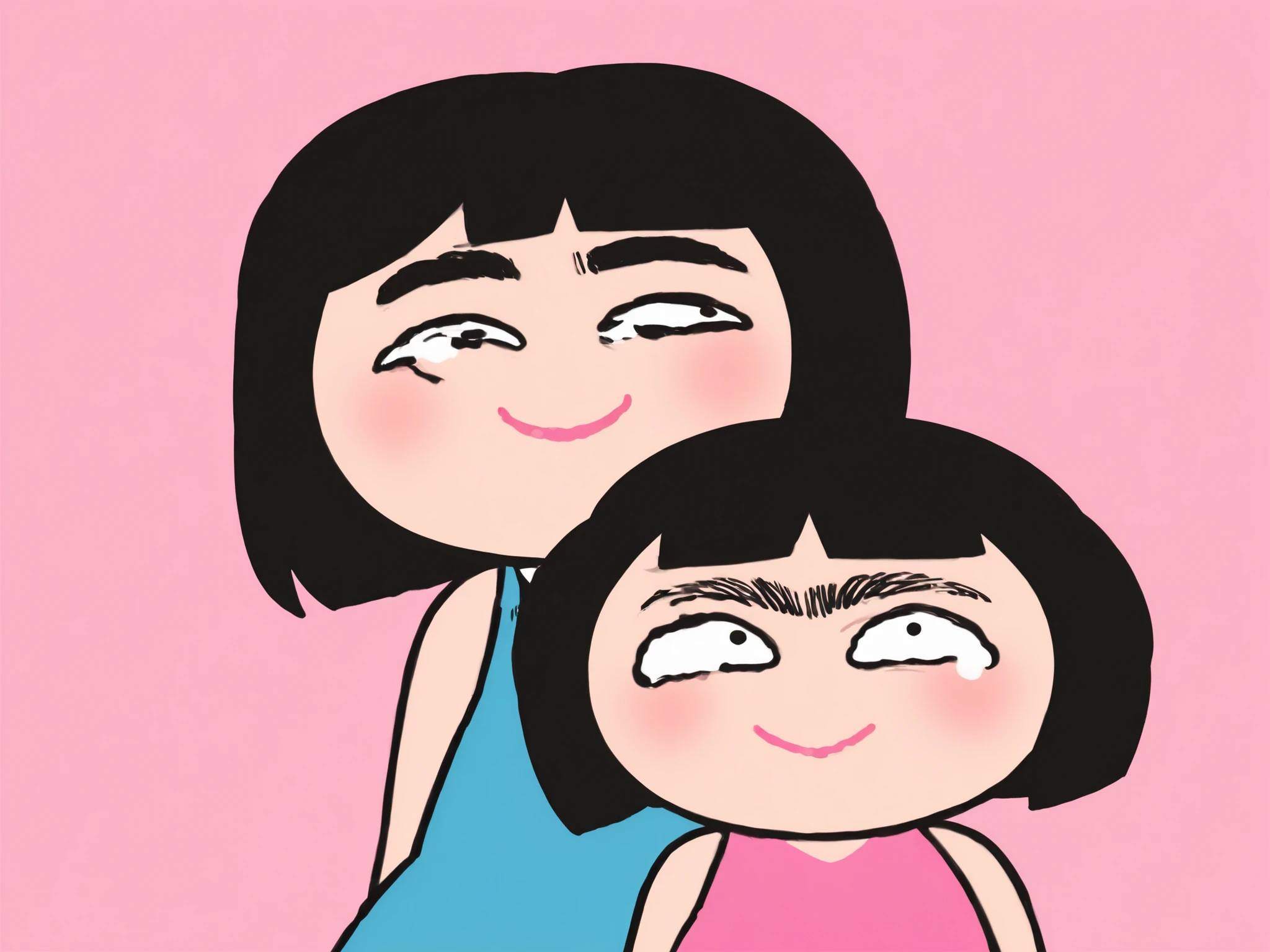 thick eyebrows, exaggerated eyebrows, expressive eyebrows, curved eyebrows, black eyebrows, monobrow, unibrow, heavy eyebrows, eyebrow focus, eyebrow expression, stylized eyebrows, cartoon eyebrows, cute character, stylized girl, short hair, black hair, round face, simple face, pink cheeks, blush, smiling face, closed mouth smile, confident expression, raised eyebrows, funny face, comical look, cute art, flat colors, cartoon style, digital illustration, cute design, playful art, pastel colors, pink background, coral background, blue dress, pink dress, sleeveless outfit, round eyes, tiny pupils, upward gaze, mischievous look, silly face, humorous design, exaggerated features, clean lines, flat shading, kawaii character, expressive face, quirky design, funny eyebrows, strong brow, expressive cartoon, female character, thick black hair, round hairstyle, bob haircut, stylized haircut, minimal background, cheerful mood, comical expression, exaggerated style, character art, cute cartoon, modern illustration, stylized female, profile, digital character, blush detail, cheek blush, dark eyebrows, girl with thick eyebrows, cute woman, pink lips, lipstick, lip color, expressive eyes, cartoon humor, exaggerated anatomy, fun art, quirky personality, smiling girl, round character design, simple color palette, cute simplicity, minimalist portrait, character focus, stylized portrait, pink tone, blue tone, hand-drawn feel, simple character, portrait, aesthetic cartoon, graphic style, feminine character, big eyebrows, cute aesthetic, expressive design, fun illustration