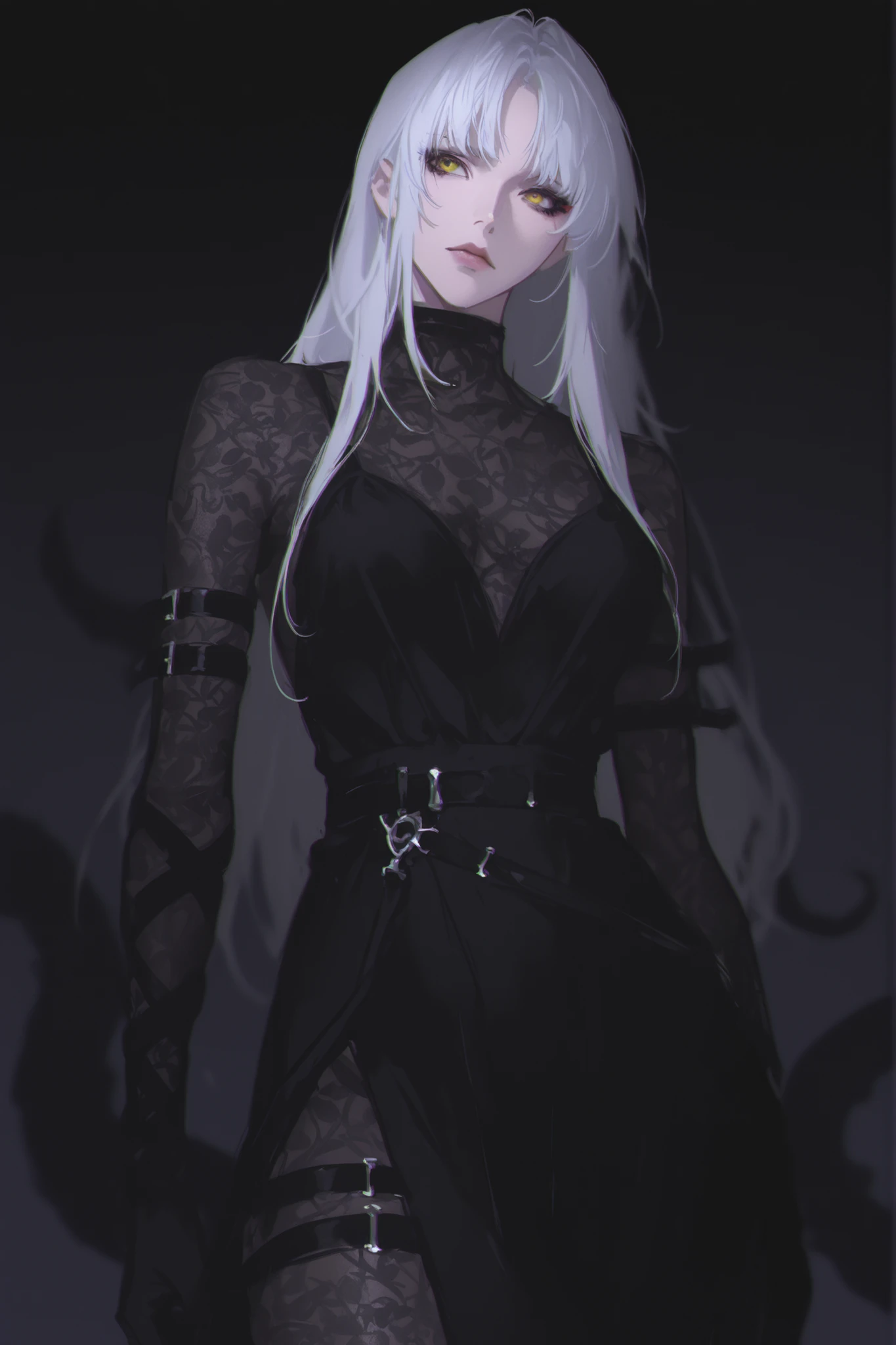 best quality, masterpiece, 1girl, white_hair, long_hair, straight_hair, neutral expression, evil, mature face, dark fantasy, {black, evil, tall lady, splash art}, tentacles, cosmic horror, belts, leg belt, arm belt, nox (from path to nowhere), pattern undershirt, black undershirt, bodysuit, black_skirt, dress, round eyes, lingerie pattern), 1girl, cowboy_shot, long_hair, blurry, black_shirt, tight dress, eyeliner, anime_style, long gloves, dark background,  serious expression, one-piece black bodysuit, black bodysuit, dark expression, pattern_leggings, blurry_background, 1girl, yoneyama mai, pale, parted_bangs, cut_bangs, yellow eyes, edgy fashion, bold look, fashionable, solo, blurry, chromatic aberration, portrait, rich color, beautiful light, perfect contrast, realistic facial features, detailed features, defined features, detailed hair, semi-realistic style, attractive features, dark colors, dark lighting, painted style, detailed style, black outline, perfect detail, pale skin, eyebags, dull colors, anime style, semi-realistic, cute, boy, clear background, lifeless colors, dirty filter, dark, rough sketch lineart, loose lineart, watercolor coloring, masterpiece, ultra detailed, 4k, 8k, ultra hd, best