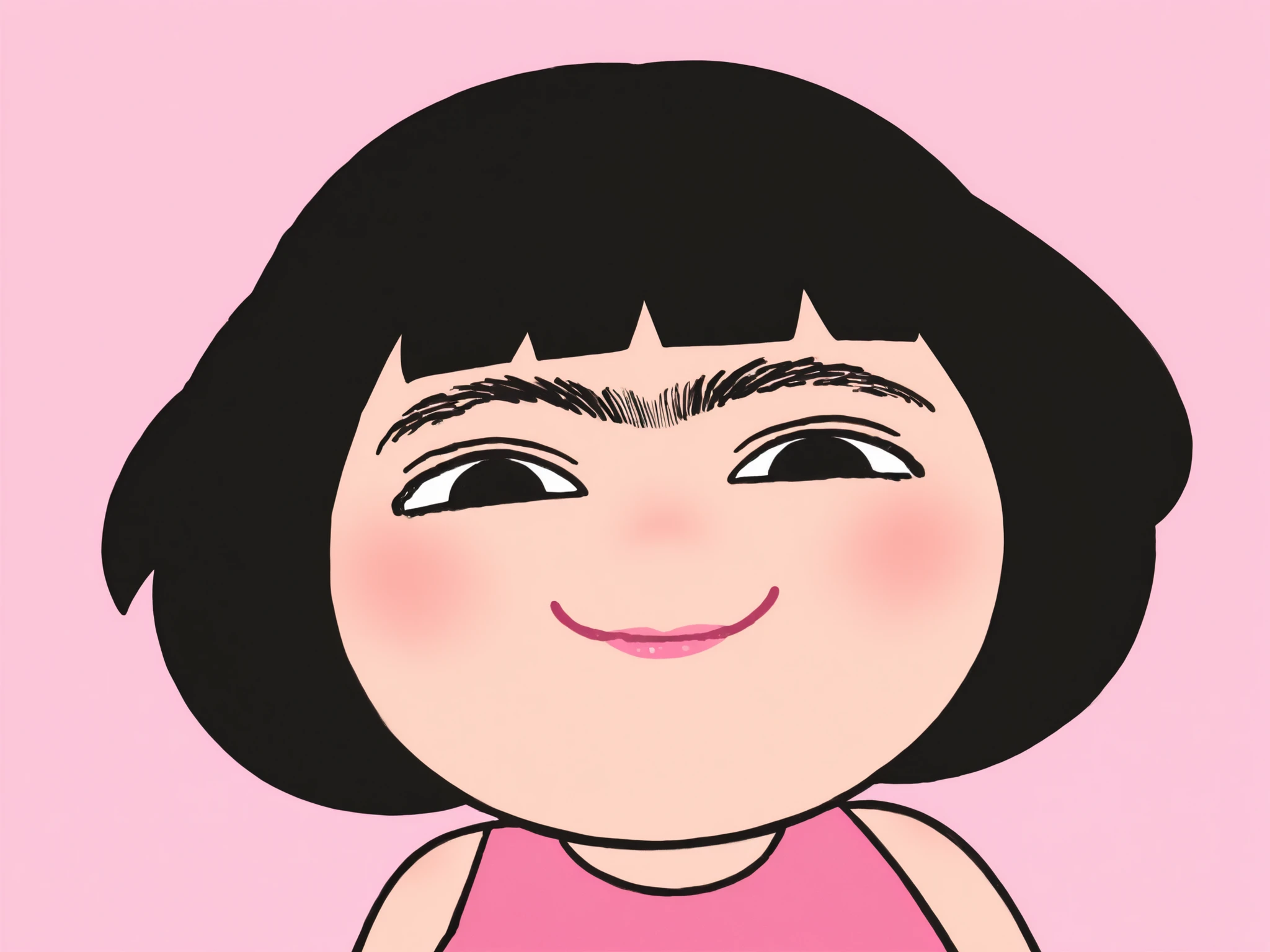 thick eyebrows, exaggerated eyebrows, expressive eyebrows, curved eyebrows, black eyebrows, monobrow, unibrow, heavy eyebrows, eyebrow focus, eyebrow expression, stylized eyebrows, cartoon eyebrows, cute character, stylized girl, short hair, black hair, round face, simple face, pink cheeks, blush, smiling face, closed mouth smile, confident expression, raised eyebrows, funny face, comical look, cute art, flat colors, cartoon style, digital illustration, cute design, playful art, pastel colors, pink background, coral background, blue dress, pink dress, sleeveless outfit, round eyes, tiny pupils, upward gaze, mischievous look, silly face, humorous design, exaggerated features, clean lines, flat shading, kawaii character, expressive face, quirky design, funny eyebrows, strong brow, expressive cartoon, female character, thick black hair, round hairstyle, bob haircut, stylized haircut, minimal background, cheerful mood, comical expression, exaggerated style, character art, cute cartoon, modern illustration, stylized female, profile, digital character, blush detail, cheek blush, dark eyebrows, girl with thick eyebrows, cute woman, pink lips, lipstick, lip color, expressive eyes, cartoon humor, exaggerated anatomy, fun art, quirky personality, smiling girl, round character design, simple color palette, cute simplicity, minimalist portrait, character focus, stylized portrait, pink tone, blue tone, hand-drawn feel, simple character, portrait, aesthetic cartoon, graphic style, feminine character, big eyebrows, cute aesthetic, expressive design, fun illustration