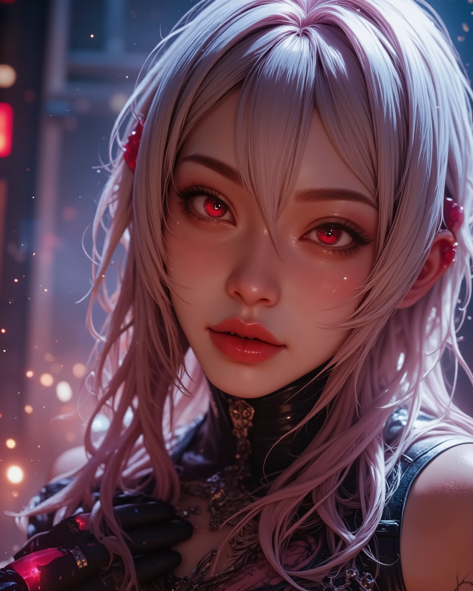 Ultra-realistic 4K portrait of a stunning female character with a dark, demonic Kimetsu no Yaiba (Demon Slayer) aesthetic. She has very long platinum hair, intense glowing eyes radiating supernatural energy, and slightly luminous skin marked with intricate demon patterns inspired by the anime. Her body art blends with mystical runes. She wears a modern, edgy outfit with leather, fishnet, and metal details, chains, and torn gloves. The setting is an ancient Japanese industrial environment, with floating magical lights, ethereal mist, and red and violet energy sparks surrounding her. Cinematic dramatic lighting, reflections in the eyes, and deep shadows create an epic atmosphere, like a battle scene from an anime. The composition is frontal and close-up, with a low angle emphasizing her powerful gaze and confident expression. Ultra HD, anime-realism fusion style, vibrant colors, glowing particles, and a demonic aura — perfect for a spectacular wallpaper.

Style: cinematic, anime-realism fusion, dramatic lighting
Resolution: 4K (3840×2160)
Aspect ratio: 16:9
Additional details: glowing particles, ethereal smoke, demonic aura, epic wallpaper atmosphere, ultra-detail, magical effects
