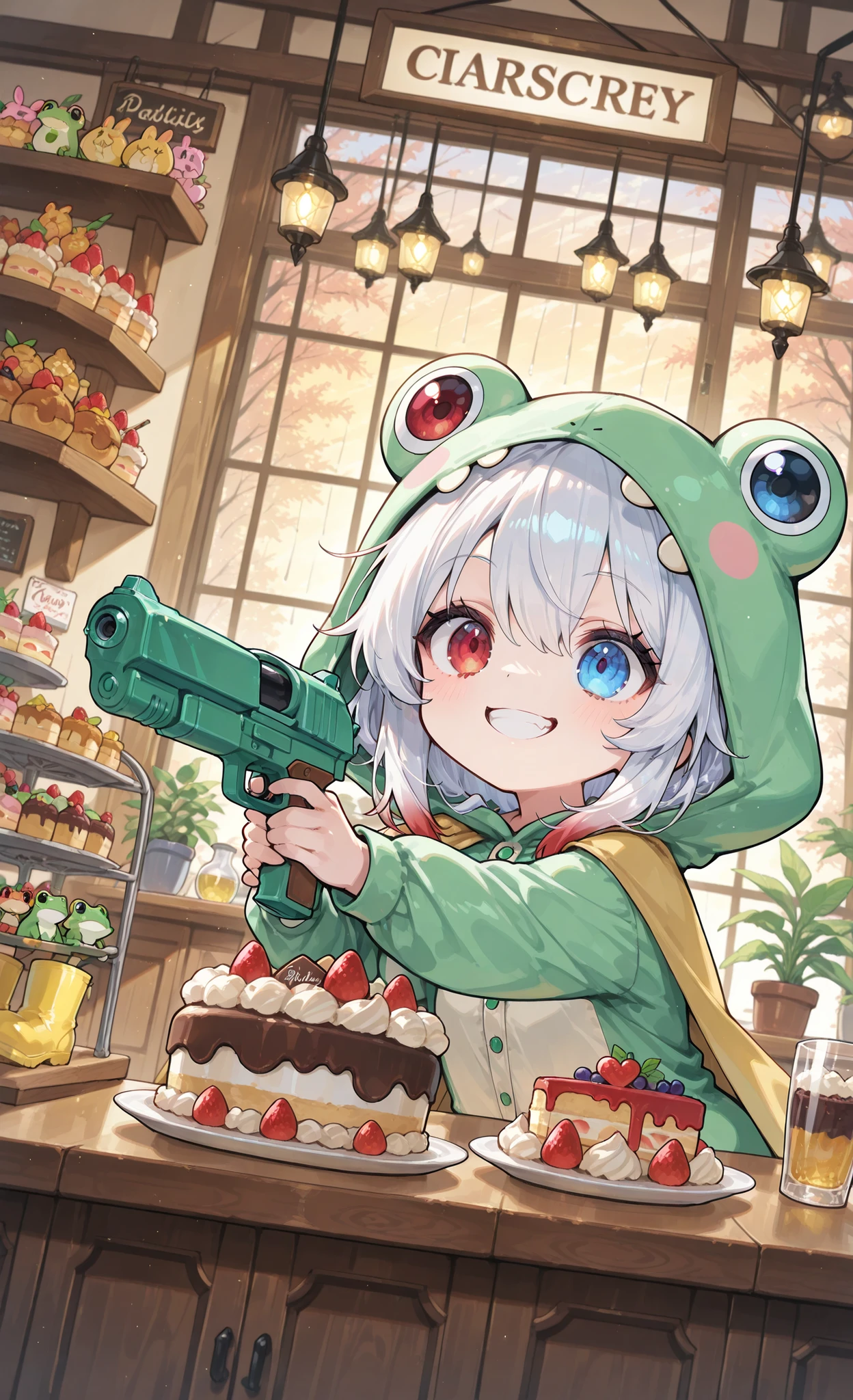 Melys Chibi, (masterpiece:1.2, Best Quality), chibi style, dynamic action scene, 1girl, pure white hair with soft gradient red tips, heterochromia crimson red right eye:1.3 and ice blue left eye:1.3, fair skin, wearing bright green frog onesie with yellow cape, yellow rain boots, close up, upper body, dynamic angle, aiming water pistol at terrified cashier, towering cakes, multiple cakes, cashier handing over bags of sweets, character: mischievous grin, bakery interior, glass door, potted plants, dusk, sweets behind glass, bakery robbery, "Candy Robber" theme, chaotic fun