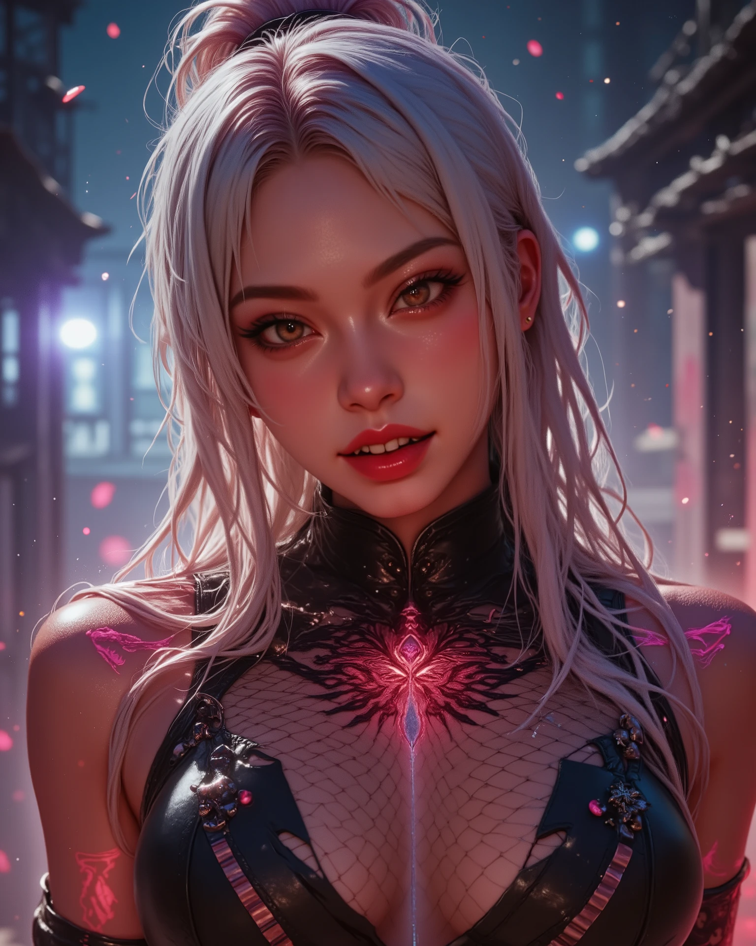 Ultra-realistic 4K portrait of a stunning female character with a dark, demonic Kimetsu no Yaiba (Demon Slayer) aesthetic. She has very long platinum hair, intense glowing eyes radiating supernatural energy, and slightly luminous skin marked with intricate demon patterns inspired by the anime. Her body art blends with mystical runes. She wears a modern, edgy outfit with leather, fishnet, and metal details, chains, and torn gloves. The setting is an ancient Japanese industrial environment, with floating magical lights, ethereal mist, and red and violet energy sparks surrounding her. Cinematic dramatic lighting, reflections in the eyes, and deep shadows create an epic atmosphere, like a battle scene from an anime. The composition is frontal and close-up, with a low angle emphasizing her powerful gaze and confident expression. Ultra HD, anime-realism fusion style, vibrant colors, glowing particles, and a demonic aura — perfect for a spectacular wallpaper.

Style: cinematic, anime-realism fusion, dramatic lighting
Resolution: 4K (3840×2160)
Aspect ratio: 16:9
Additional details: glowing particles, ethereal smoke, demonic aura, epic wallpaper atmosphere, ultra-detail, magical effects